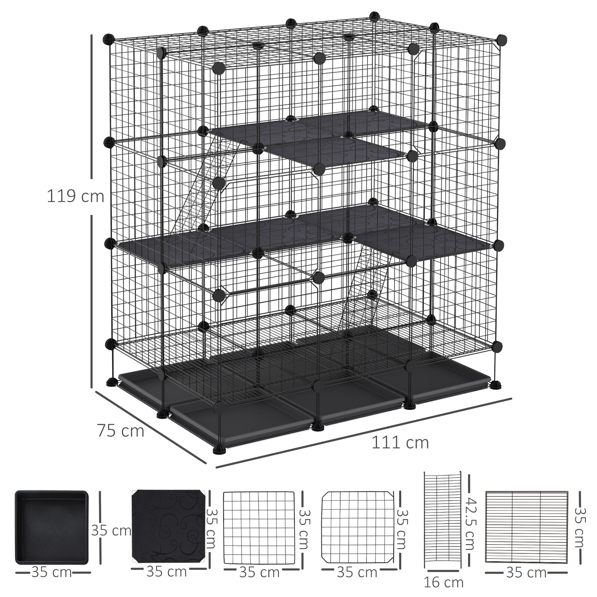 3 Level DIY Pet Playpen Metal Small Animal Cage Guinea Pig Rabbit Ferret Chinchillas Cage 4 Doors Bottom Trays Black-2