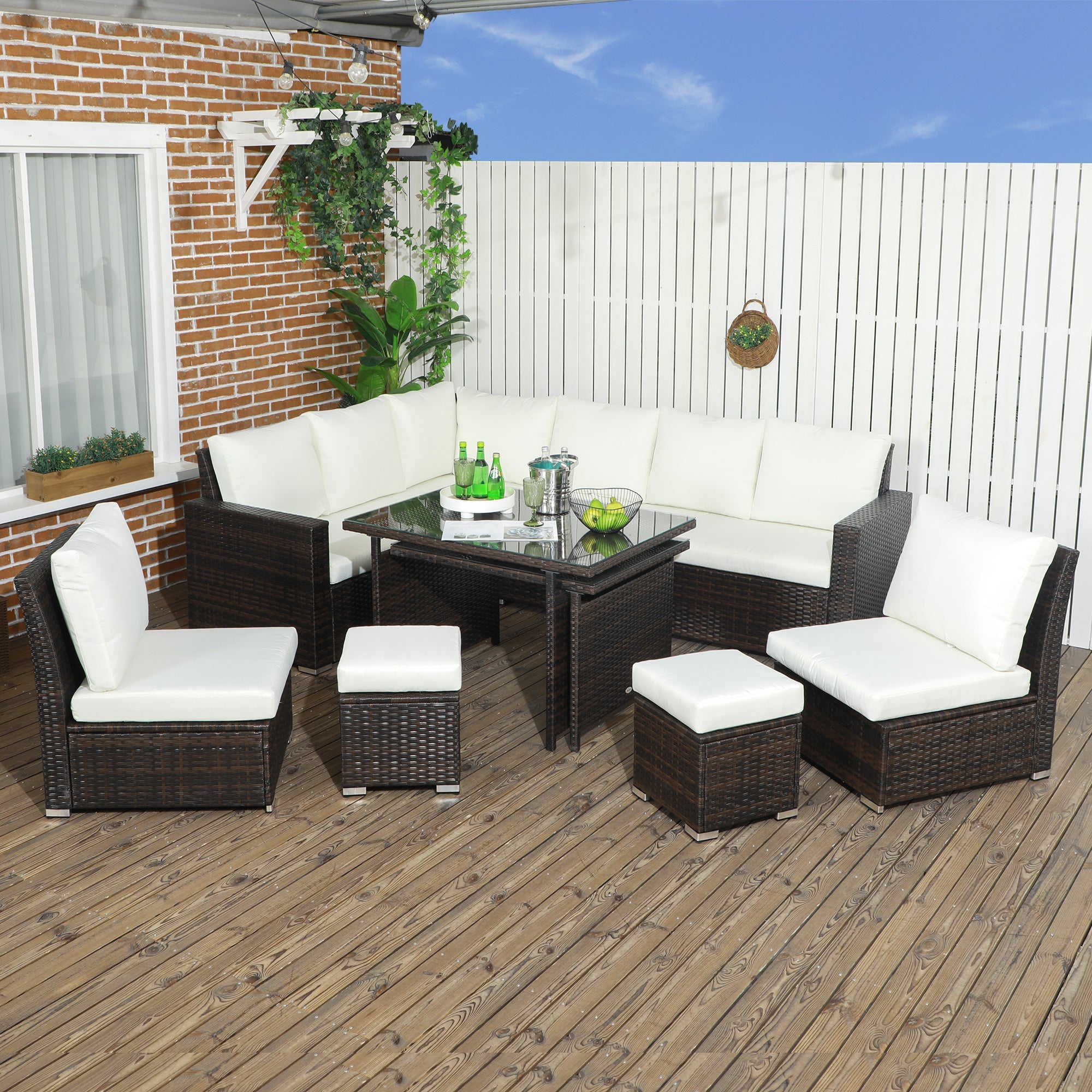 7 Piece Rattan Garden Furniture Set with Cushioned Sofa Seat, Footstools and Expandable Glass Table, 10-Seater, Cream-1