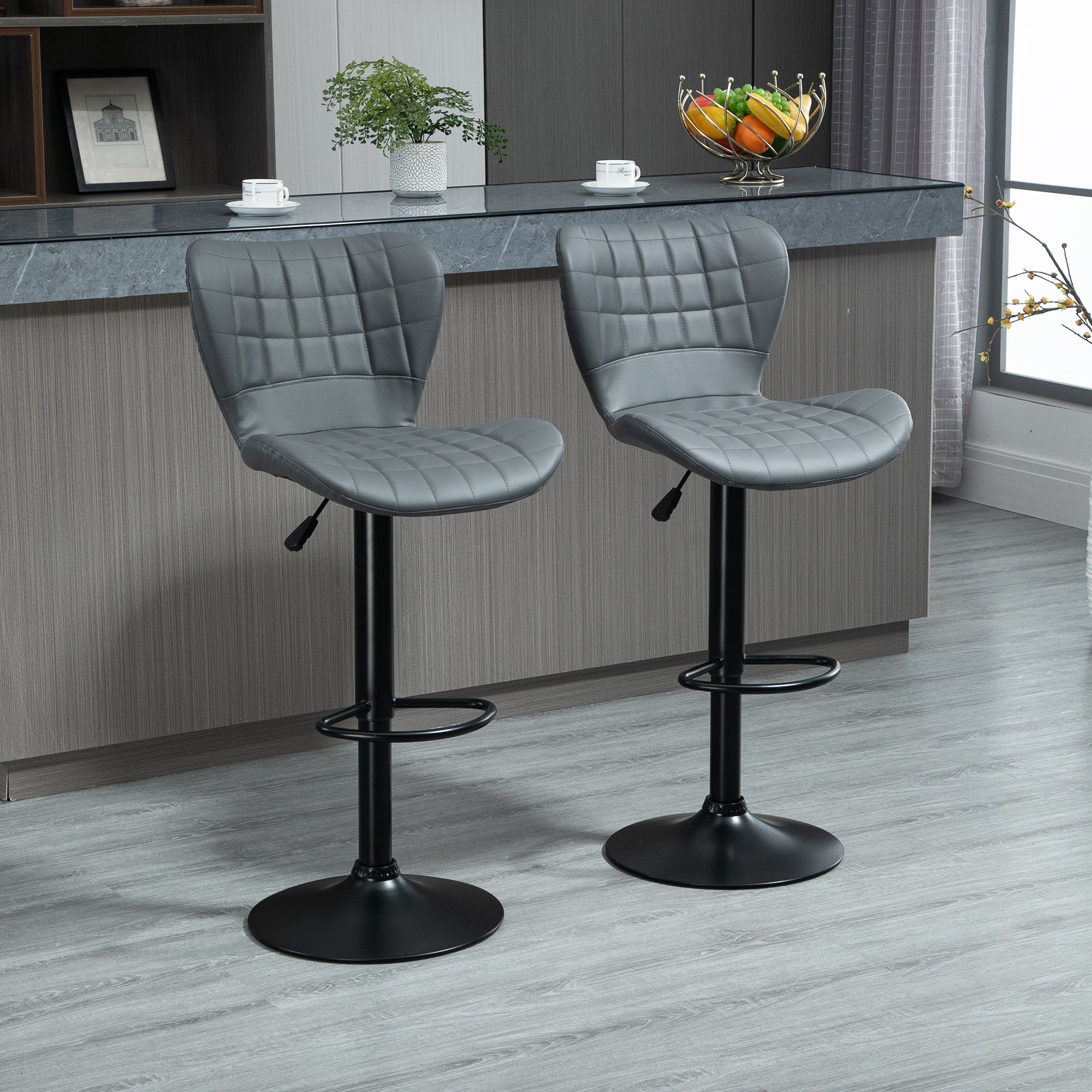 Bar Stools Set of 2 Adjustable Height Swivel Bar Chairs in PU Leather with Backrest & Footrest, Grey-1