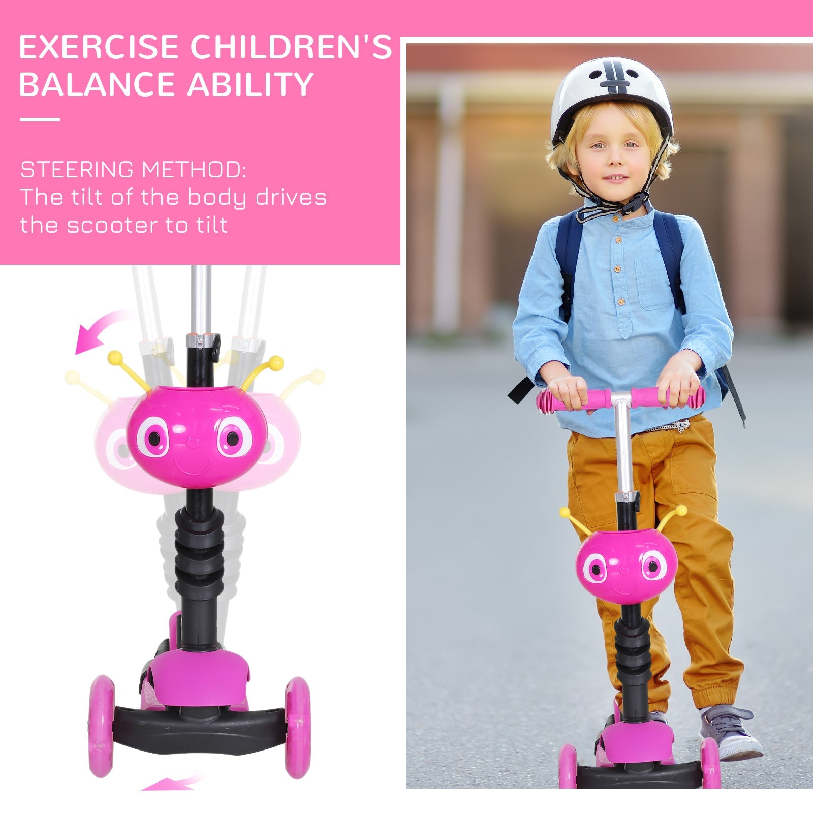 5-in-1 Kids Toddler 3 Wheels Mini Kick Scooter Push Walker with Removable Seat & Back Rest for Girls and Boys Pink-3