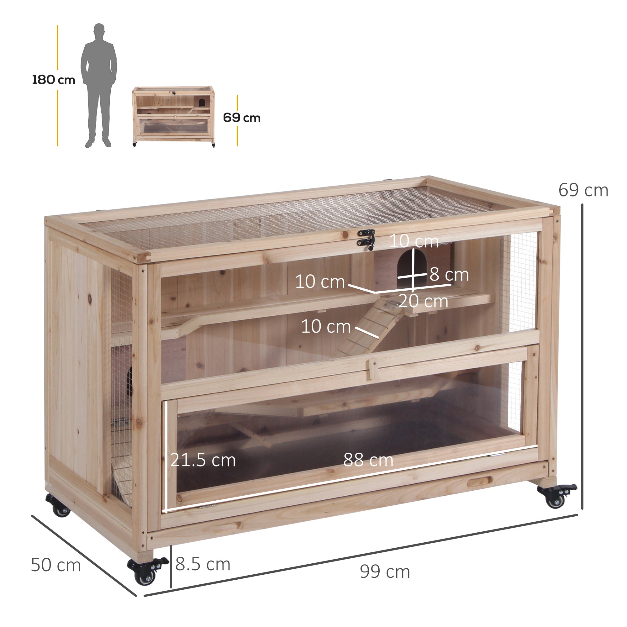 Wooden Hamster Cage, Mice Rodent Small Animals Kit Hutch, 3 Tiers Exercise Play House, with Wheels, Bottom Tray, 99 x 50 x 69 cm, Natural Wood-2