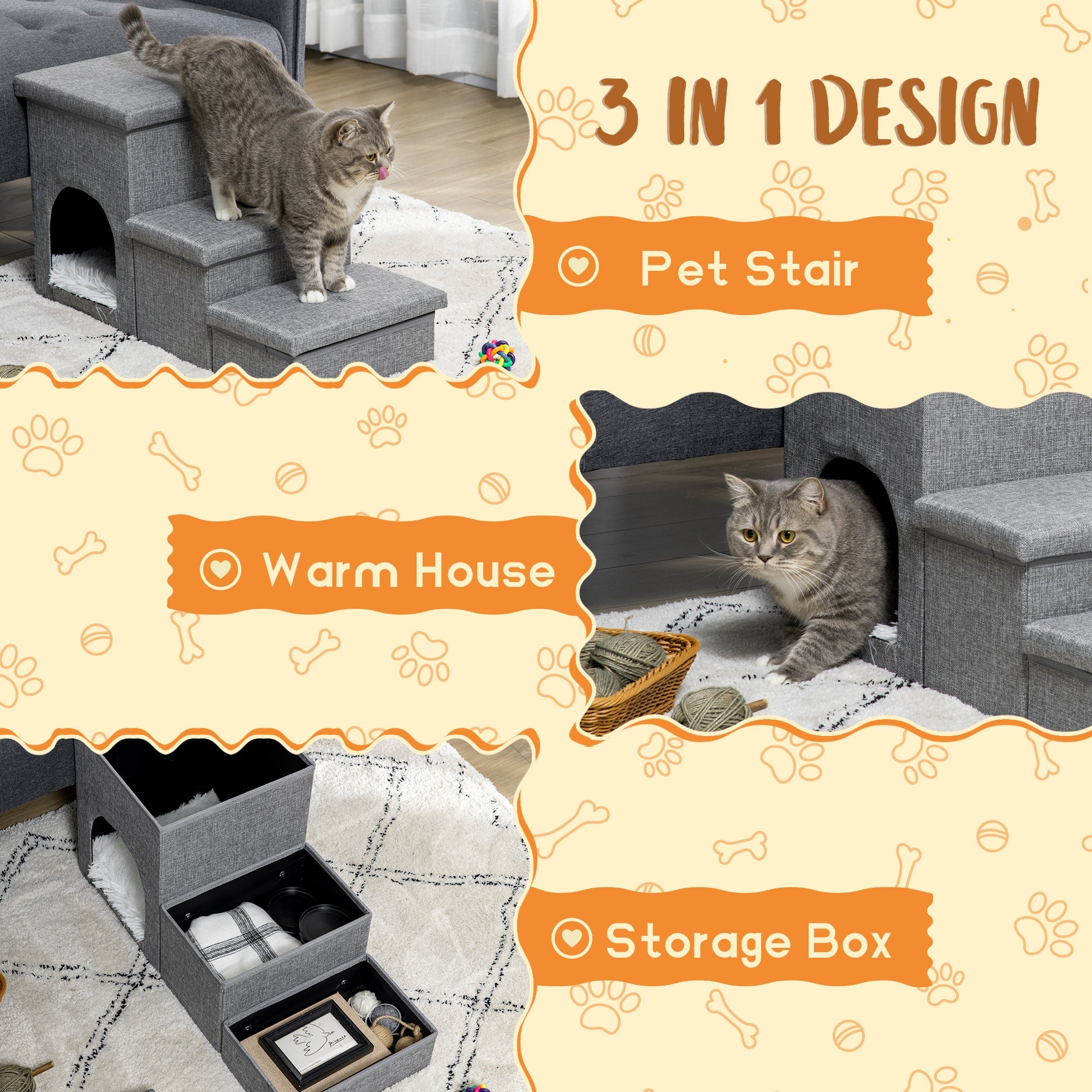 Dog Steps 3-step Pet Stairs with Kitten House and 2 Storage Boxes, 3 in 1 Dog Ramp for Sofa with Washable Plush Cushion-4