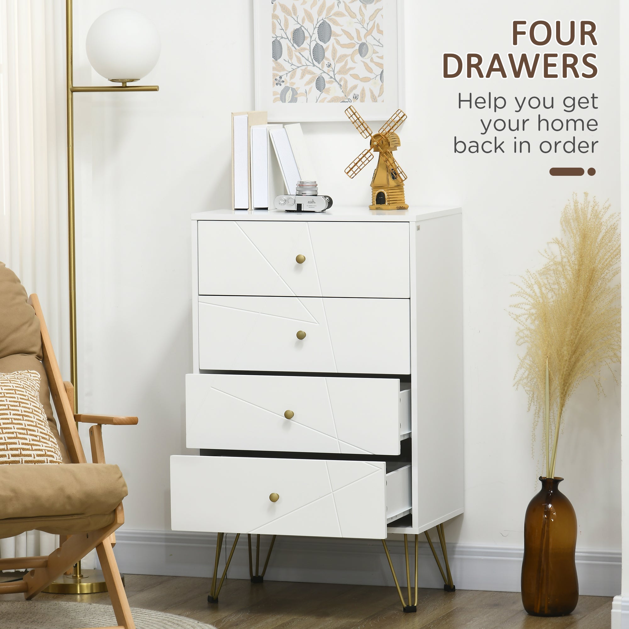 White Chest of Drawers, 4-Drawer Dresser for Bedroom, Modern Storage Cabinets with Hairpin Legs-3