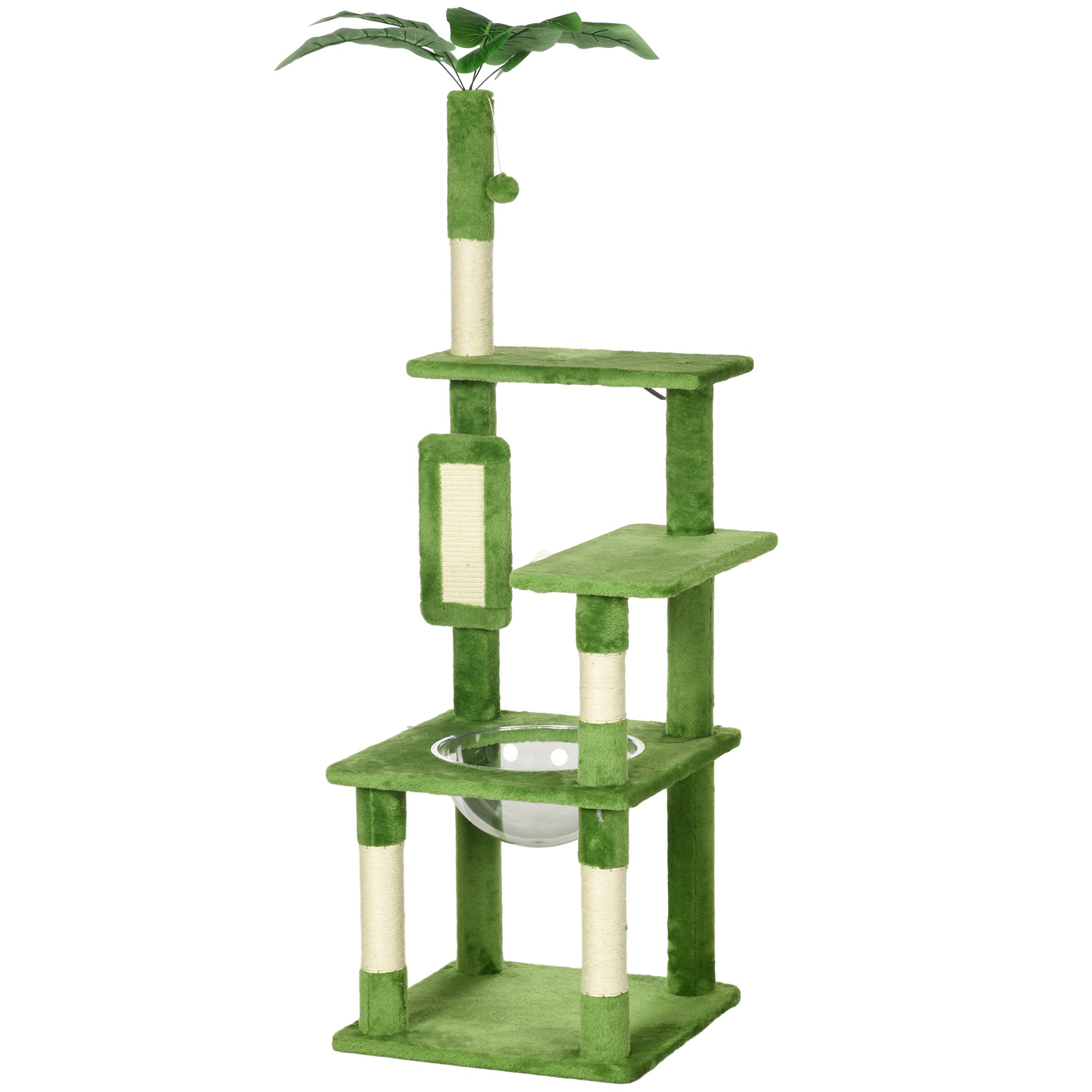 142cm Cat Tree Tower, with Scratching Post, Hammock, Toy Ball, Platforms - Green-0