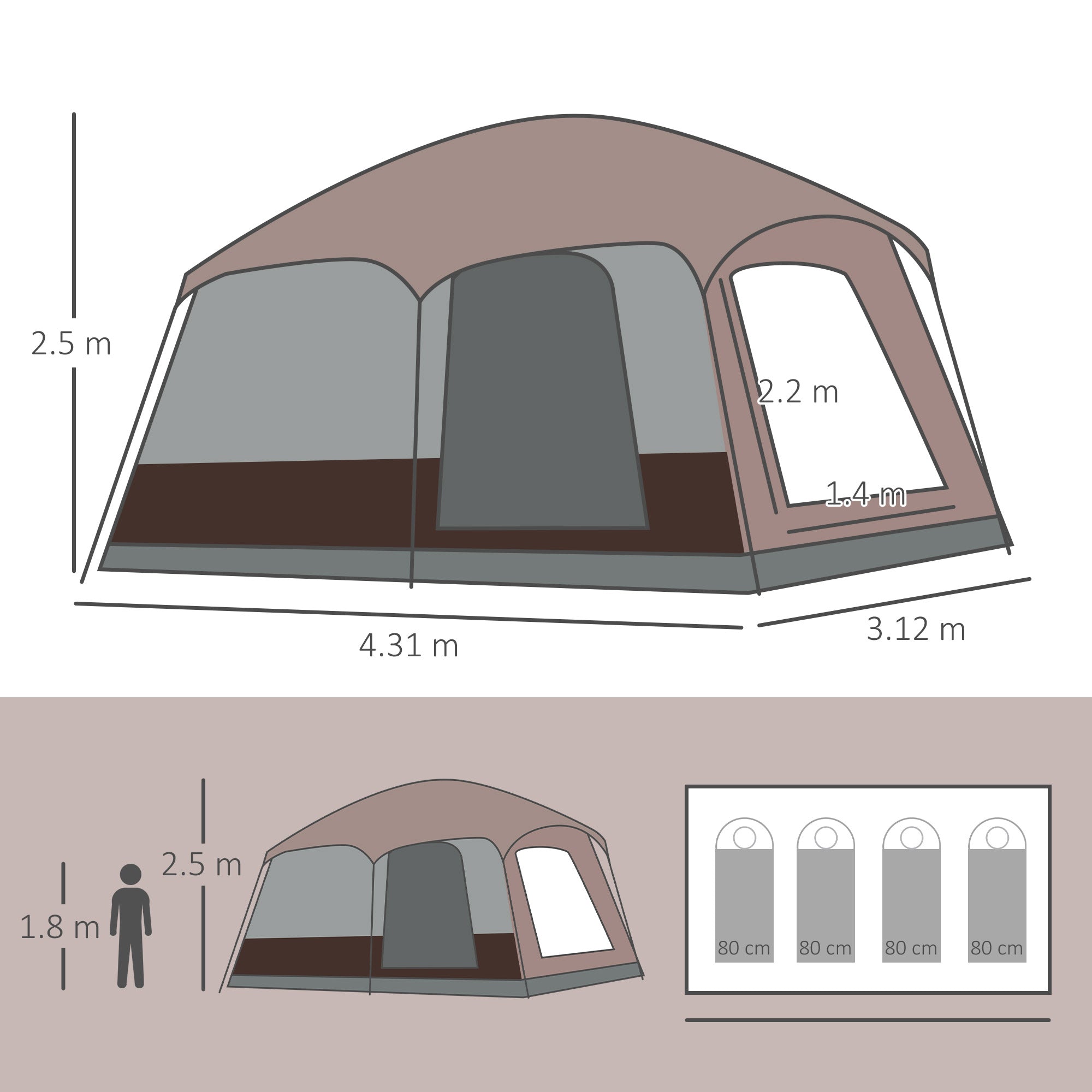 3-4 Man Two Room Camping Tent with Vestibule, UV50+ Cabin Tent with 3000 mm Water Column, Groundsheet, Portable Carry Bag, for Travel Hiking-2