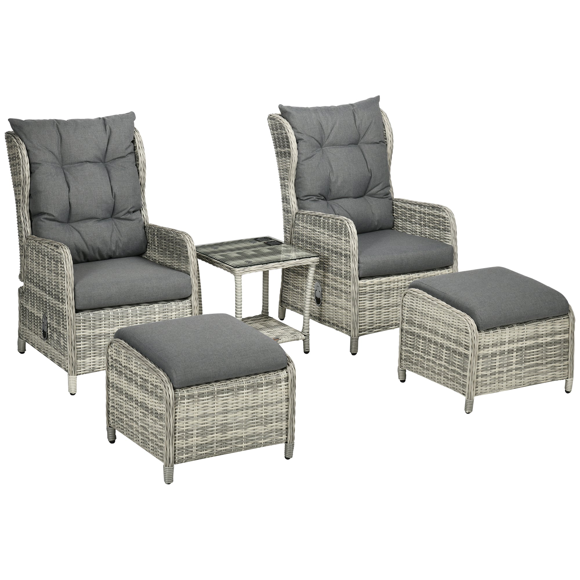 5 Pieces PE Rattan Sun Lounger Set, Outdoor Half-round Wicker Recliner Sofa Bed with Glass Top Two-tier Table and Footstools, Mixed Grey-0