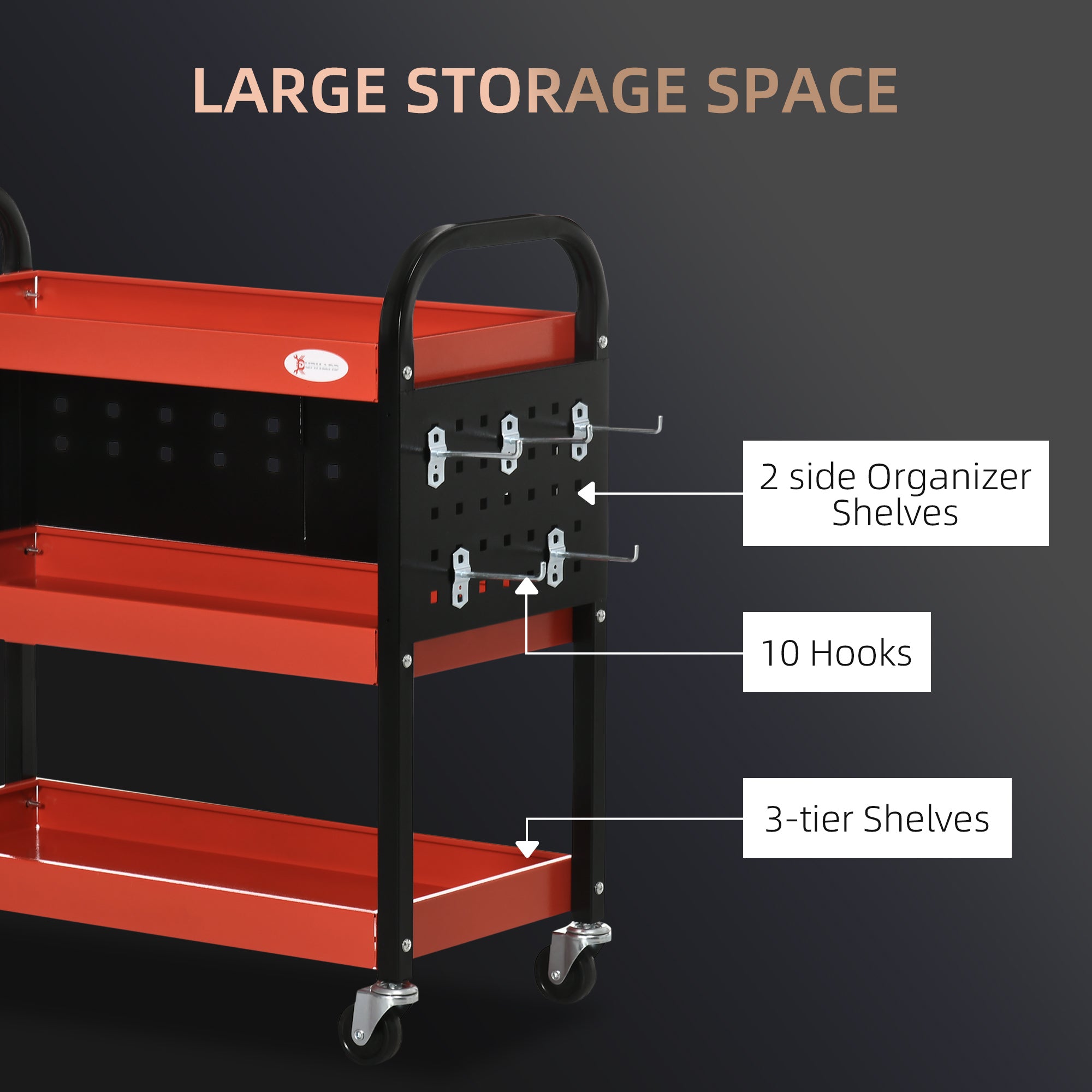 3 Tier Shelf Tool Cart Storage Trolley Wheel Cart for Garage Workshop Warehouse DIY Tool with 10 Hooks 100 kg Red-3