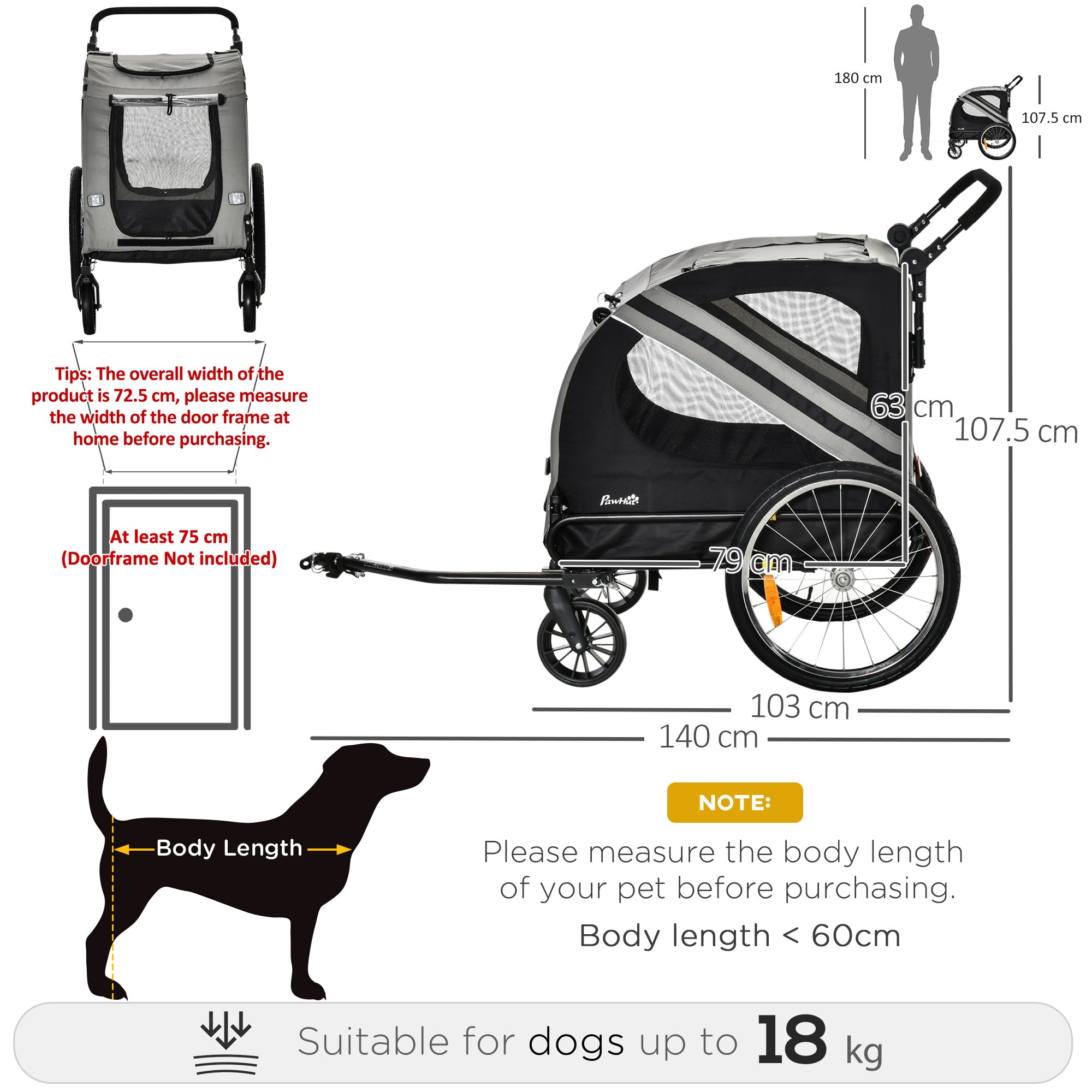 Dog Bike Trailer 2-in-1 Pet Stroller Cart Bicycle Carrier Attachment for Travel in steel frame with Universal Wheel Reflectors Flag Grey-3