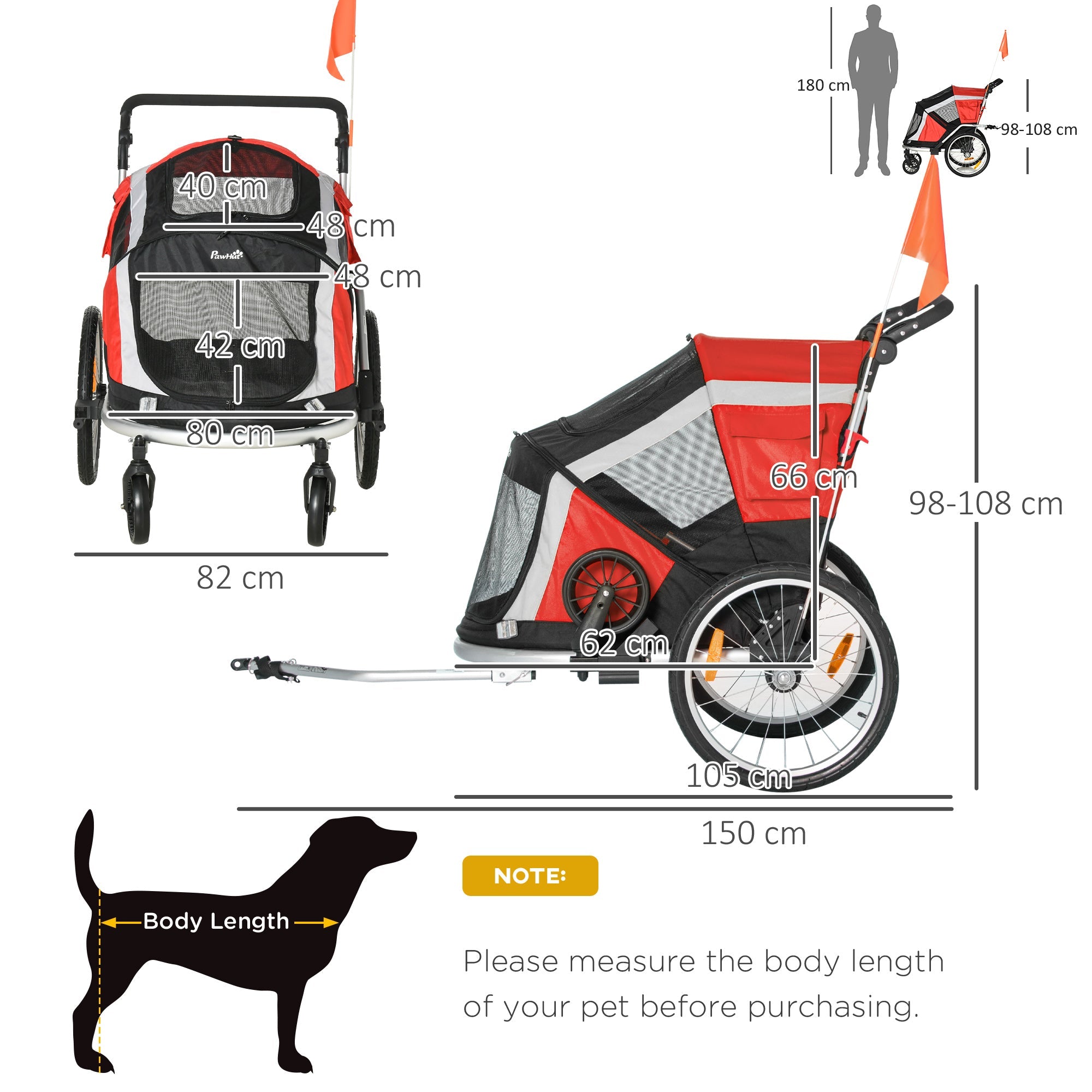 Dog Bike Trailer, Two-In-One Foldable Pet Bike Trailer w/ Safety Leash, Flag, for Small Cats, Puppies, Camping, Hiking - Red-2