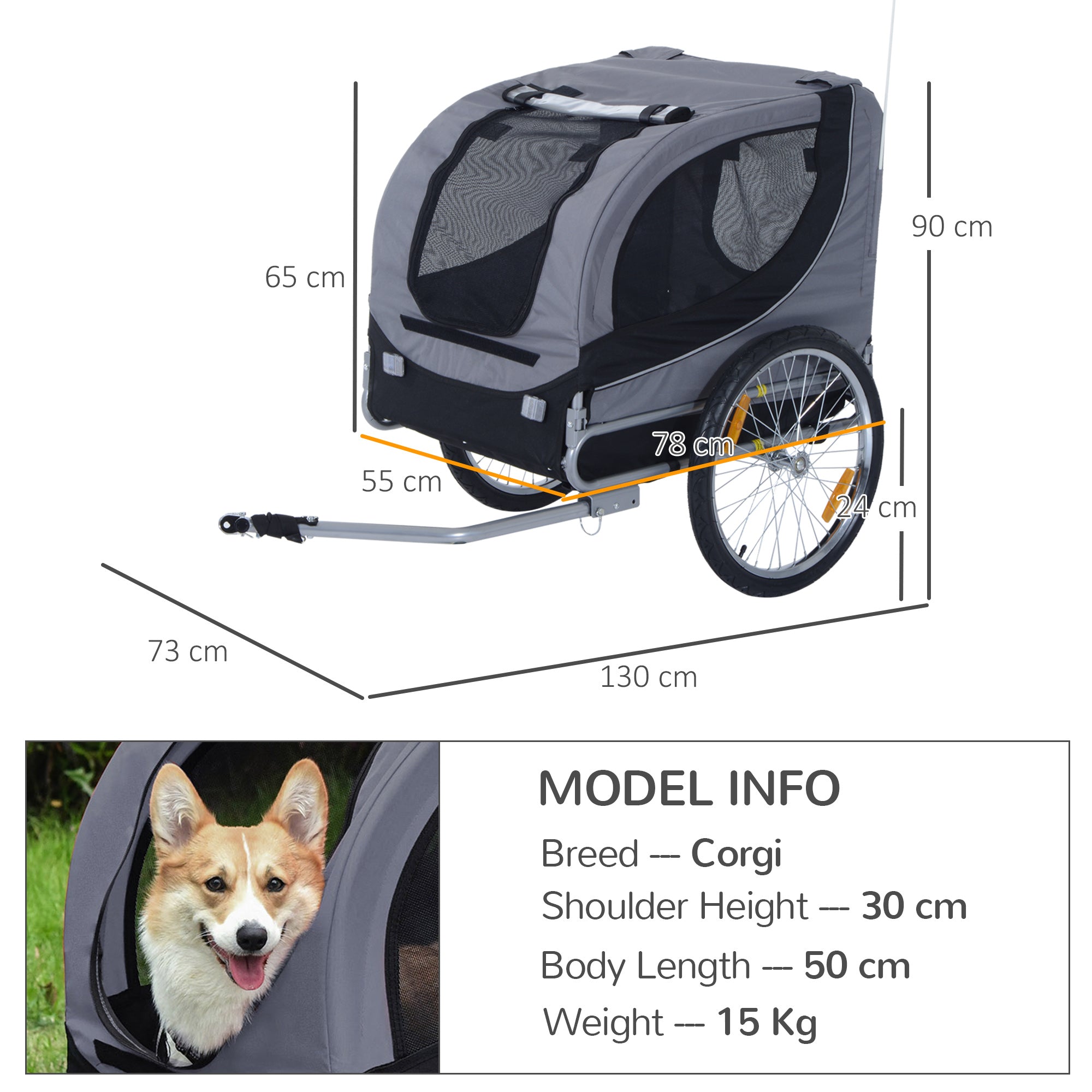 Dog Bike Trailer Steel Pet Cart Carrier for Bicycle Kit Water Resistant Travel Grey and Black-2