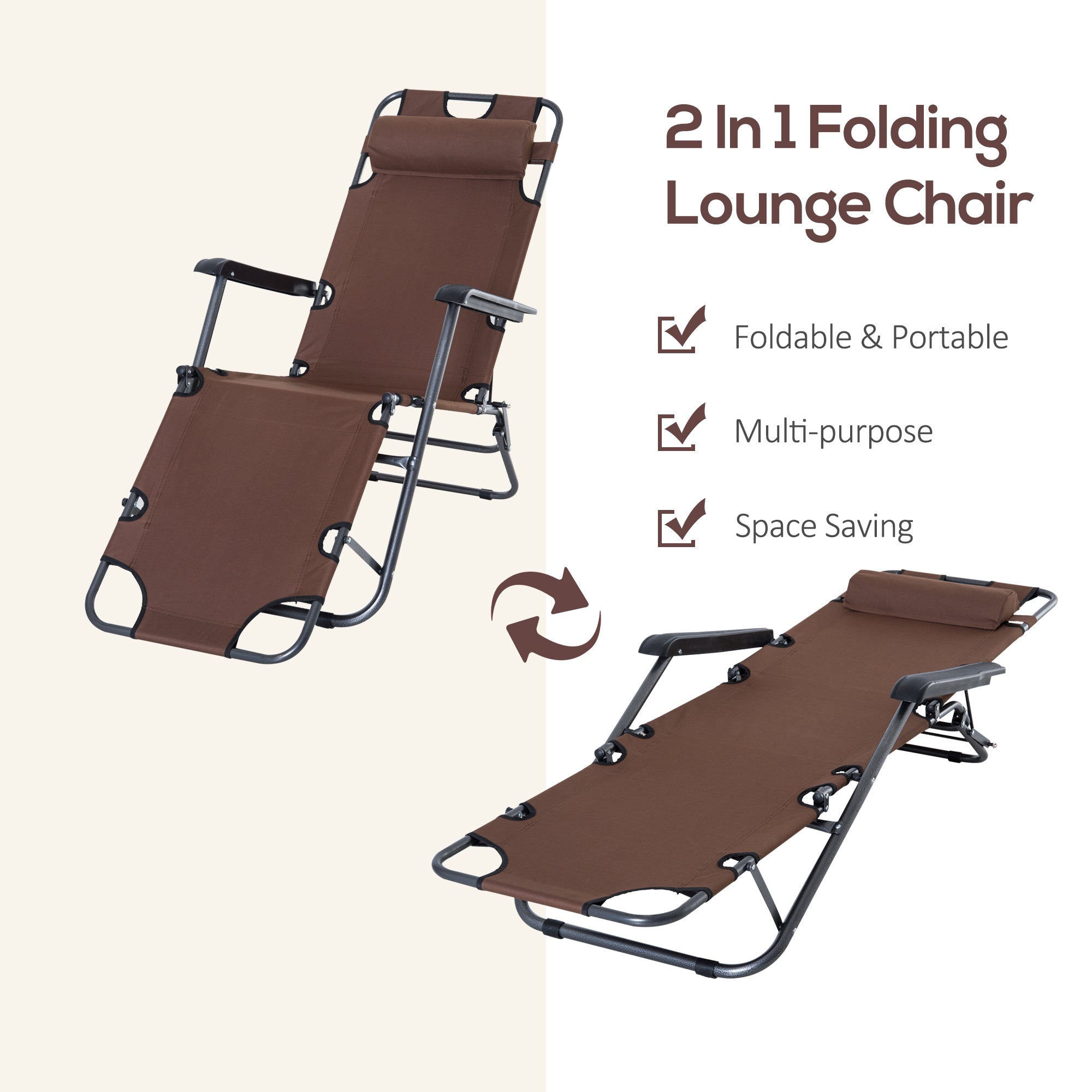 2 in 1 Sun Lounger Folding Reclining Chair Garden Outdoor Camping Adjustable Back with Pillow (Brown)-3