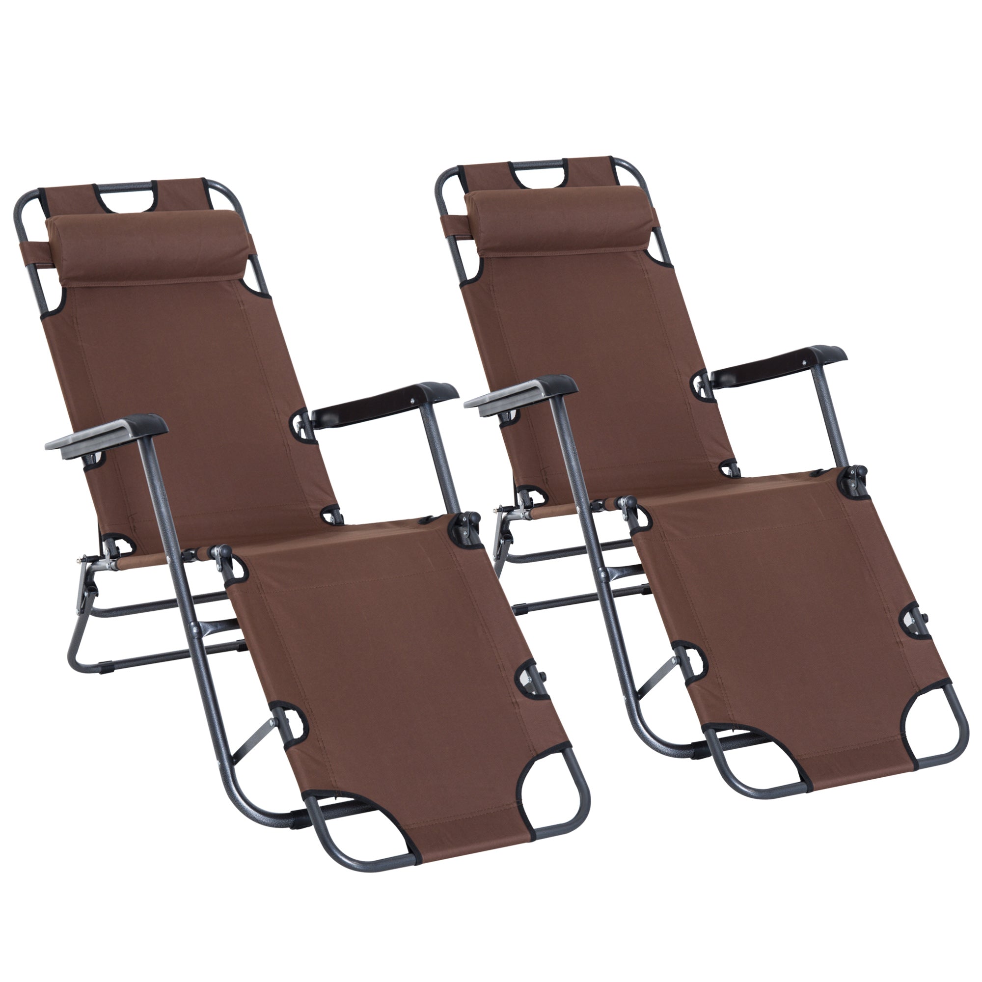 2 Pieces Foldable Sun Loungers with Adjustable Back, Outdoor Reclining Garden Chairs with Pillow and Armrests, Brown-0