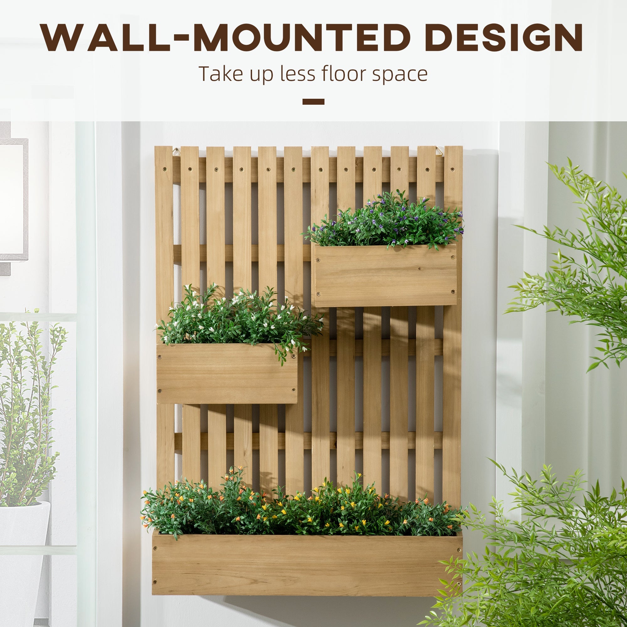 Wall-mounted Wooden Garden Planters with Trellis, Drainage Holes and 3 Movable Planter Boxes, Wall Raised Garden Bed for Patio, Natural-3