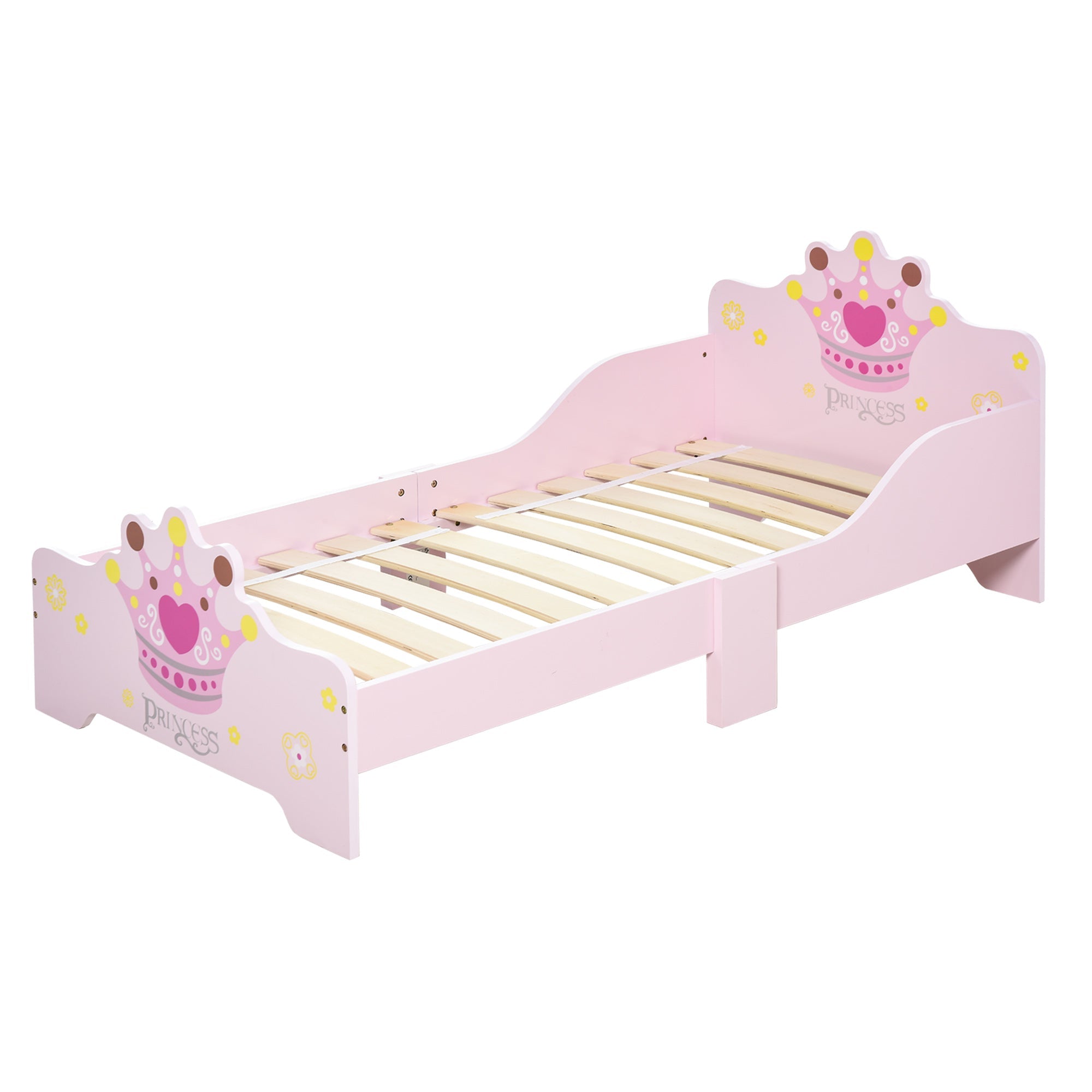 Kids Wooden Bed with Crown Modeling Safety Side Rails Easy to Clean Perfect Gift for Toddlers Girls Age 3 to 6 Years Old Pink-0