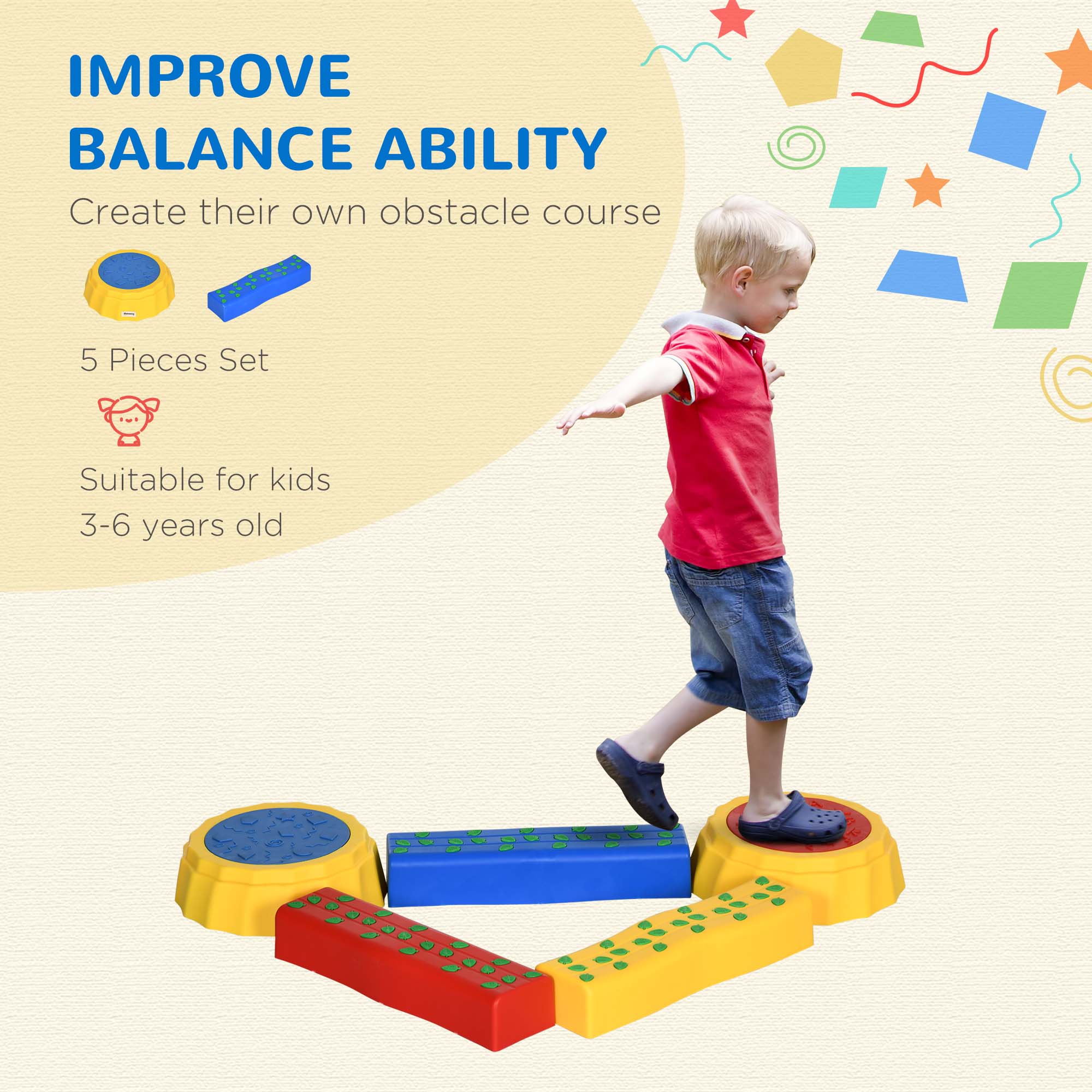 5pcs Kids Balance Beam, Balance Bridge with Non-slip Surface & Bottom, Stackable Stepping Stones for toddler, Strength Coordination Training-4