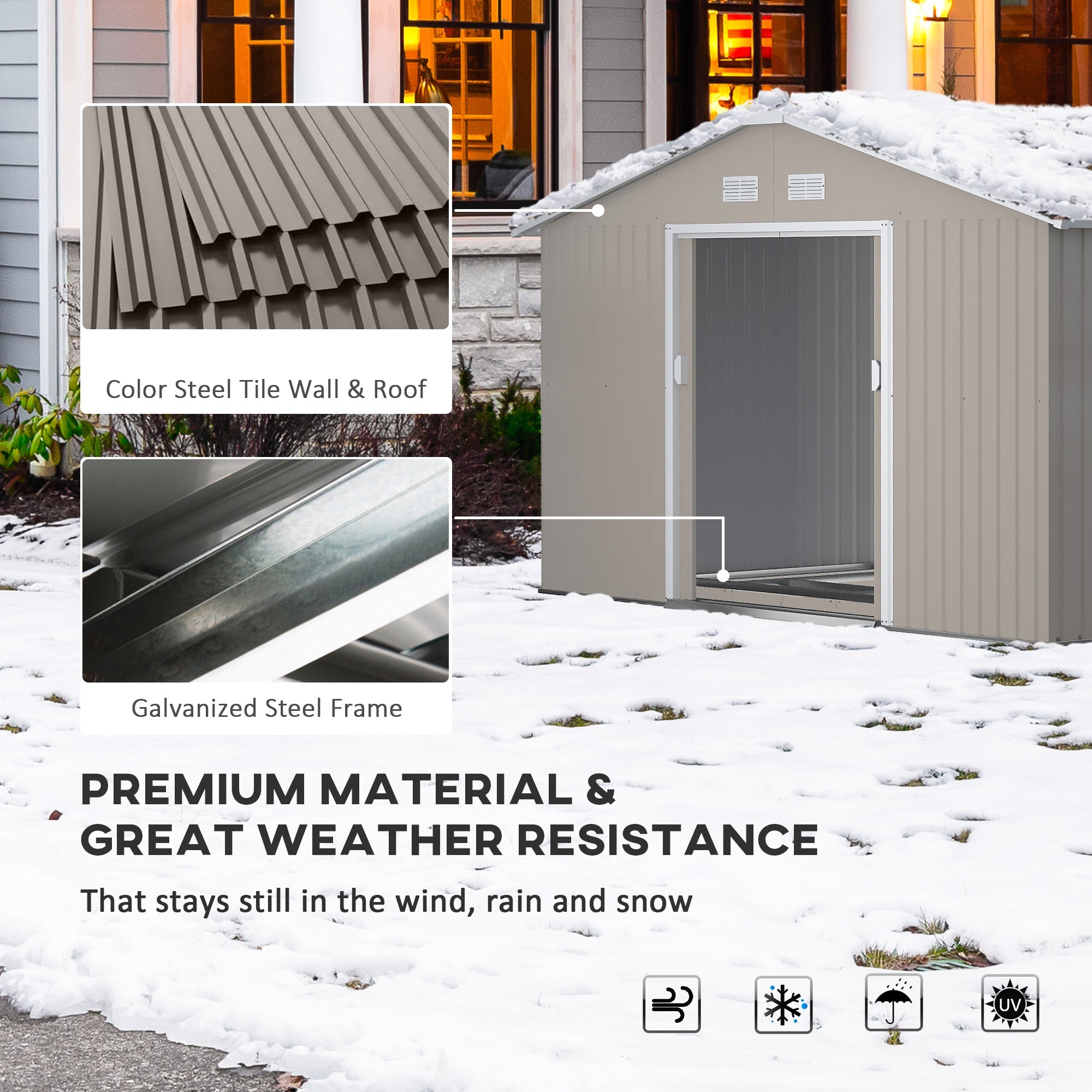 13 x 11ft Garden Metal Storage Shed Outdoor Storage Shed with Foundation Ventilation & Doors, Light Grey-3