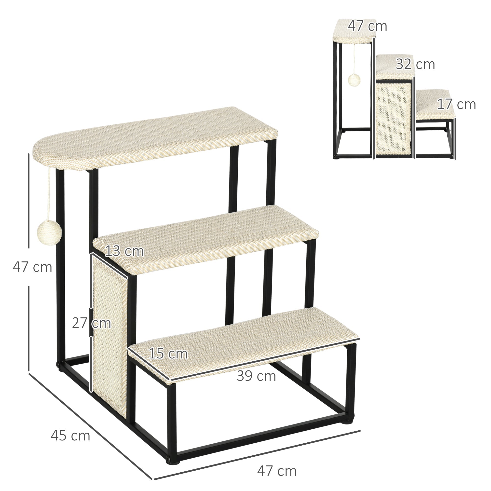 Cat Stairs, 3 Steps for Sofa, Pet Steps with Sisal Scratching Board and Hanging Ball, Steel Frame, 47 x 45 x 47 cm, Cream White-2