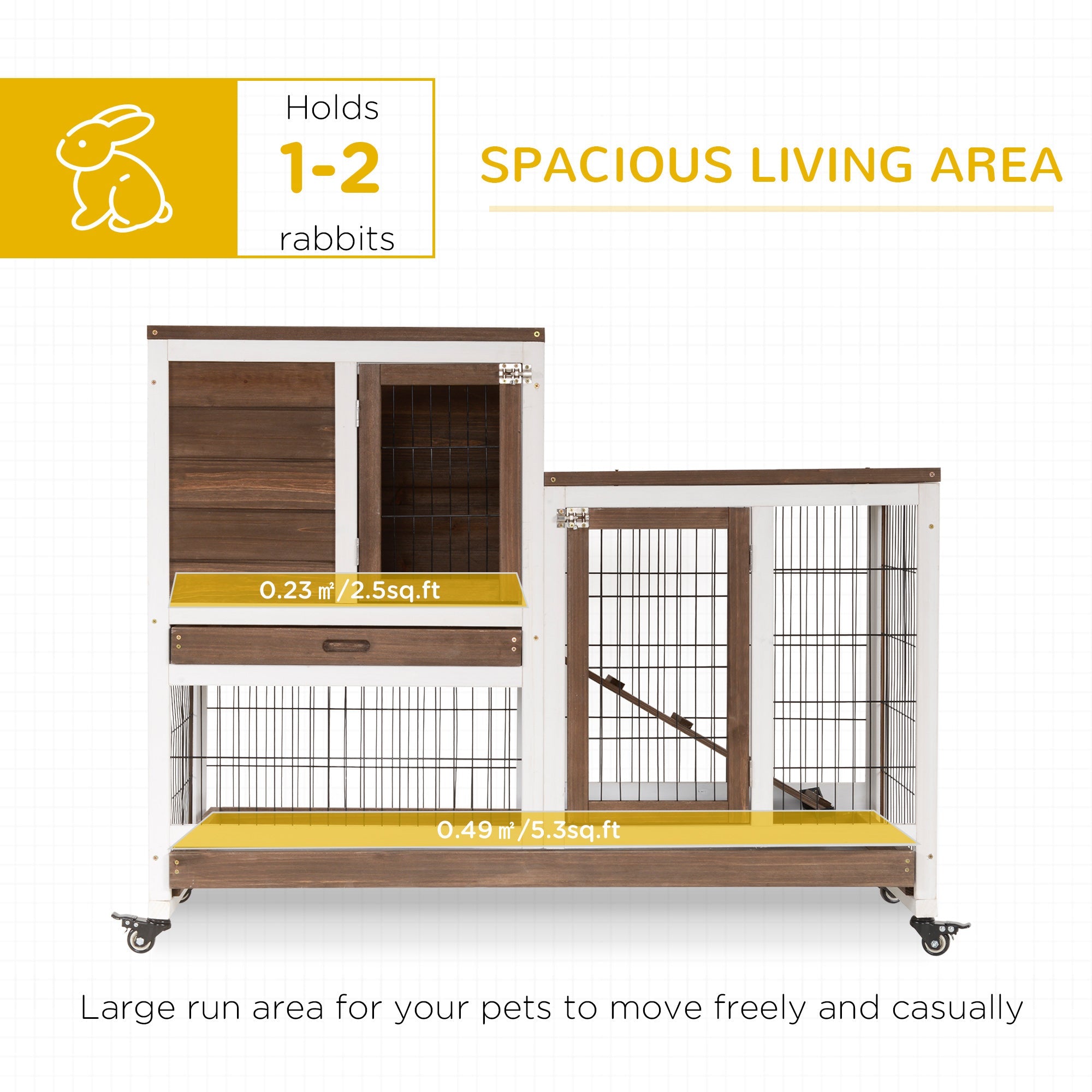 Wooden Indoor Rabbit Hutch Guinea Pig House Bunny Small Animal Cage W/ Wheels Enclosed Run 110 x 50 x 86 cm, Brown-3