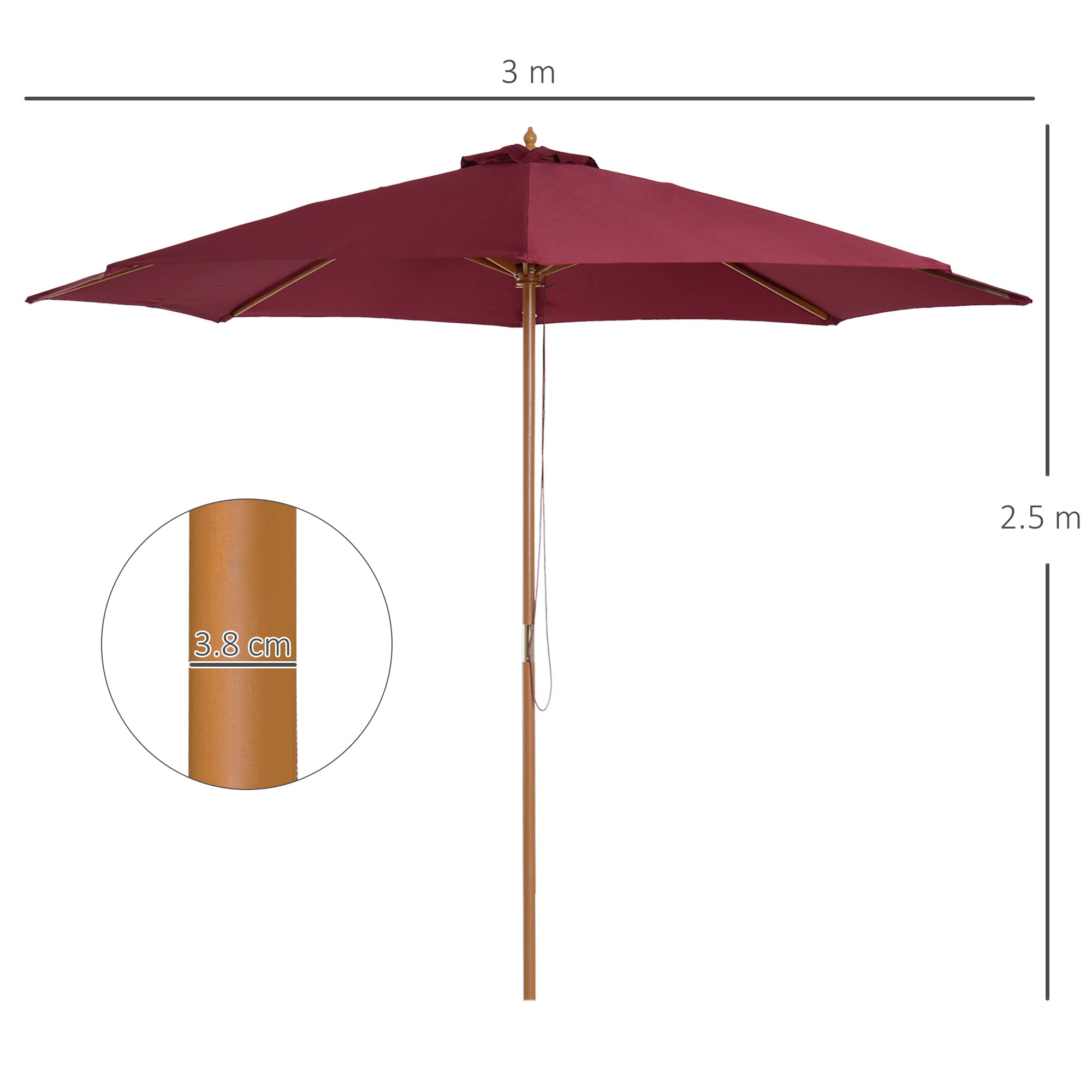 ⌀3m Bamboo Wooden Market Patio Umbrella Garden Parasol Outdoor Sunshade Canopy, 8-ribs,Wine Red-2