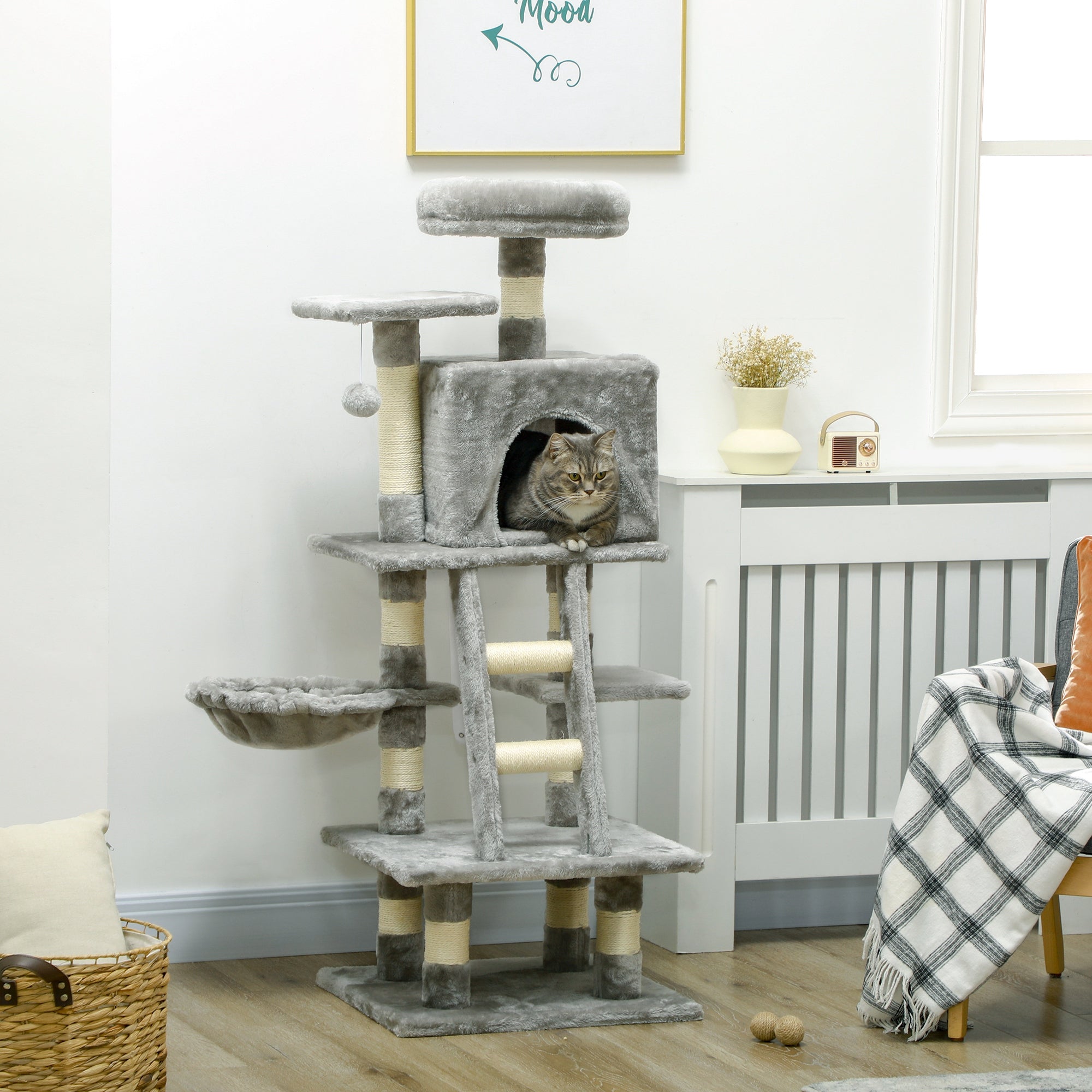 132cm Cat Tree with Scratching Post, House, Hammock, Grey-1