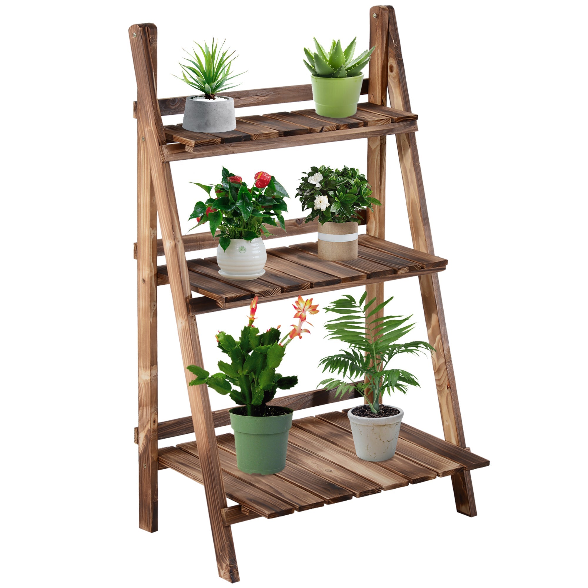 Wooden Folding Flower Pot Stand 3 Tier Garden Planter Display Ladder Gardener Storage Shelves Rack Herb Holder (60L x 37W x 93H (cm))-0