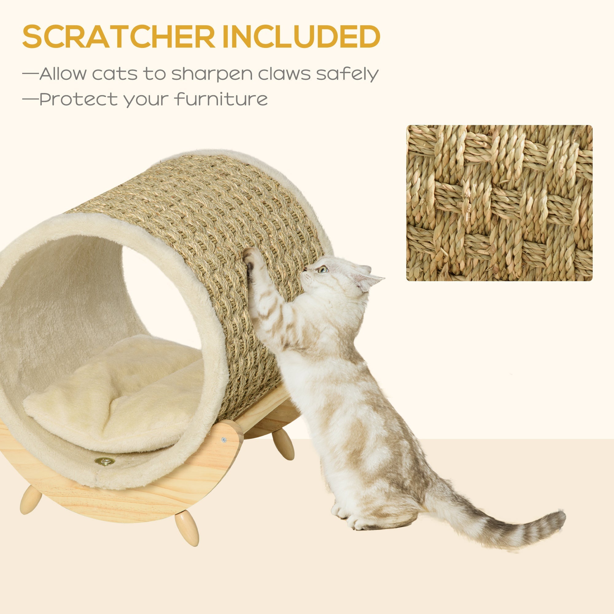 Elevated Cat House, Kitten Bed, Pet Shelter, Wrapped with Scratcher, Soft Cushion, 41 x 38 x 43 cm, Khaki-3