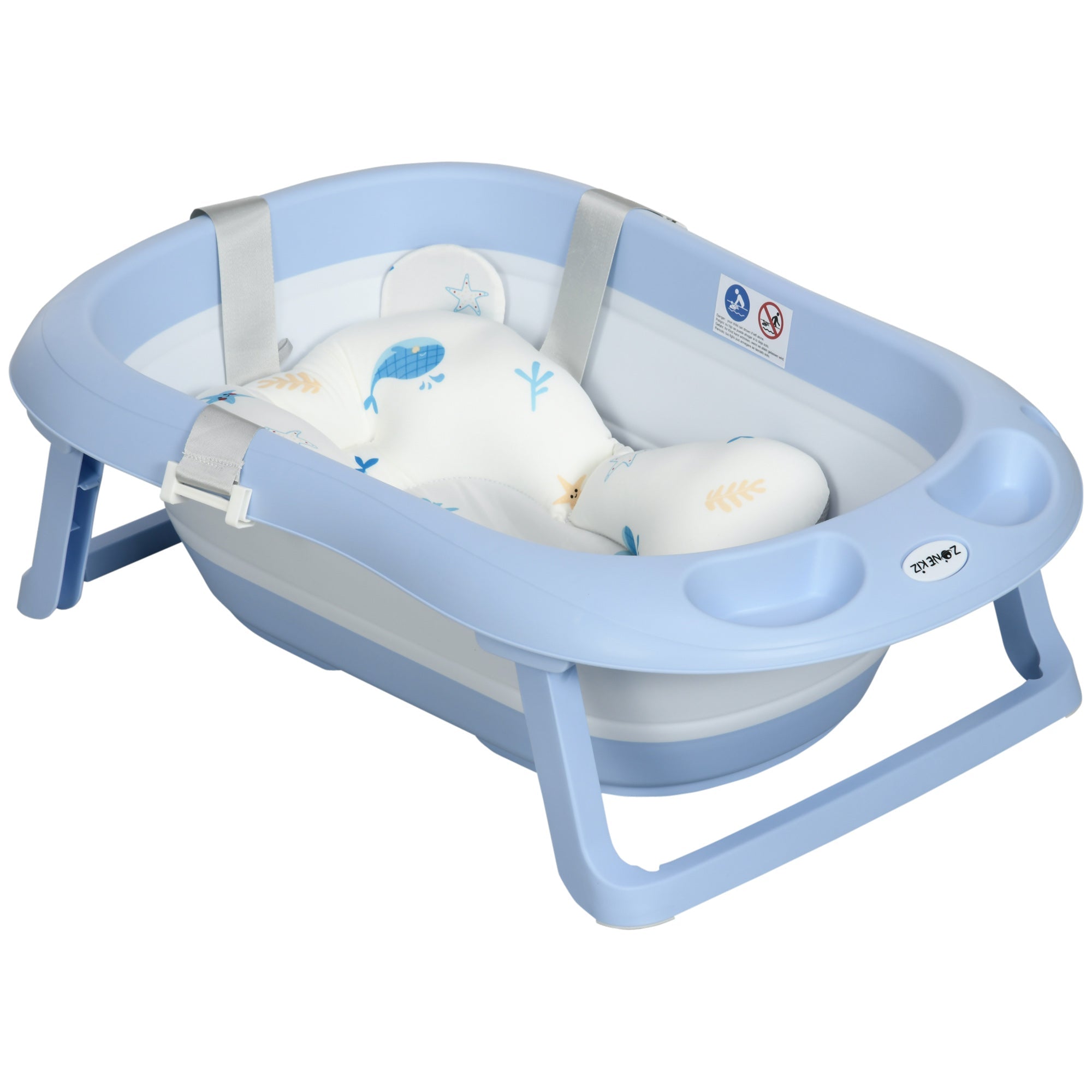 Foldable Baby Bath Tub, Bath Tub with Non-Slip Support, Cushion Pad, Drain Plugs, Shower Head Holder, for Newborn to 6 Years - Blue-0