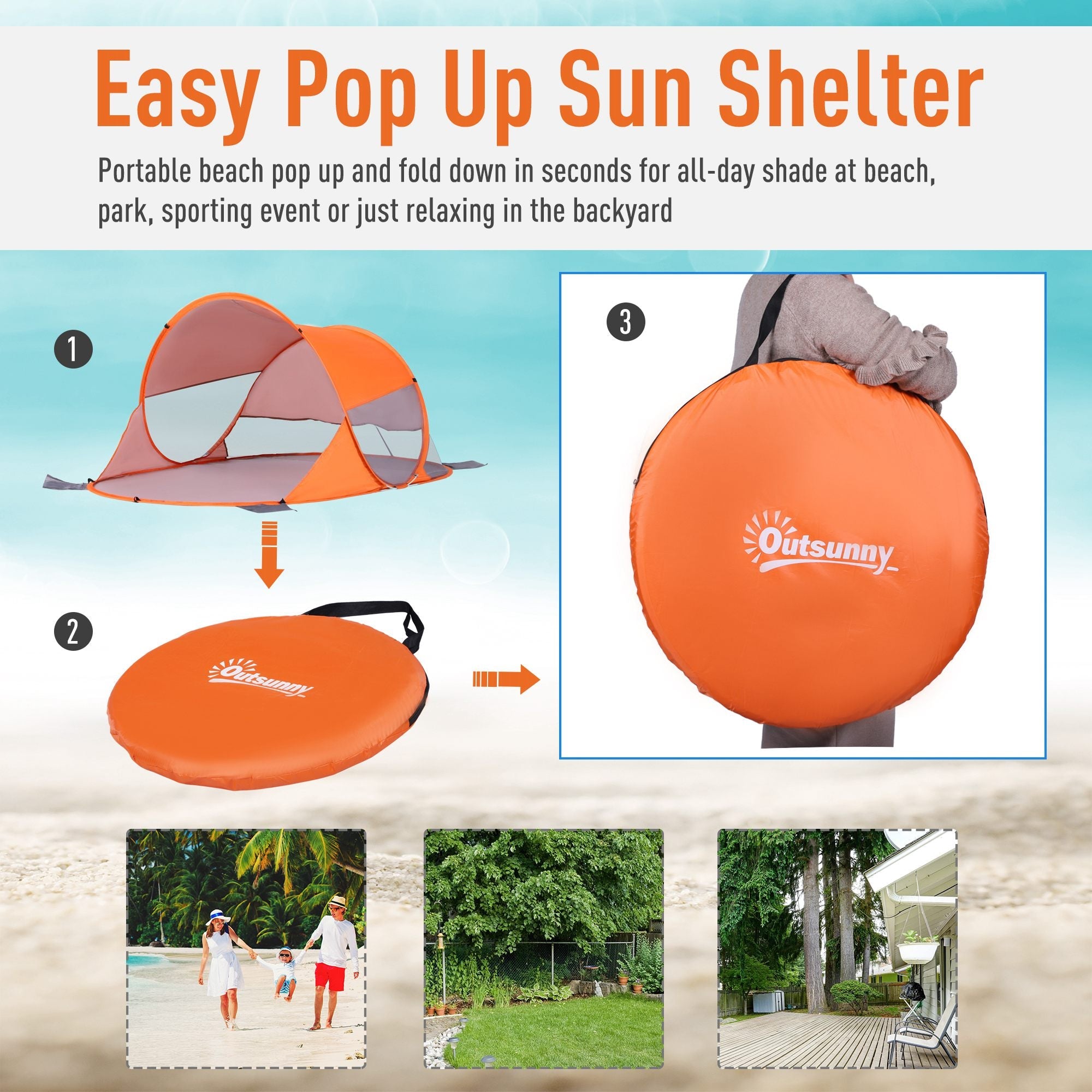 1-2 Person Pop up Beach Tent Hiking UV 30+ Protection Patio Sun Shelter Portable Automatic - Orange-4