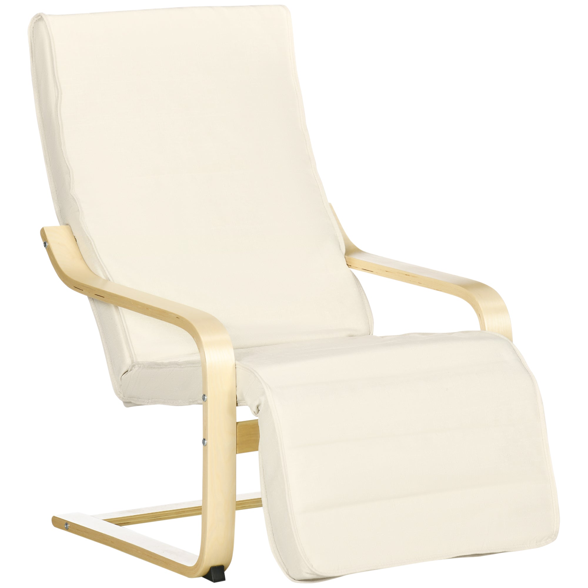 Wooden Lounging Chair Deck Relaxing Recliner Lounge Seat with Adjustable Footrest & Removable Cushion, Cream White-0