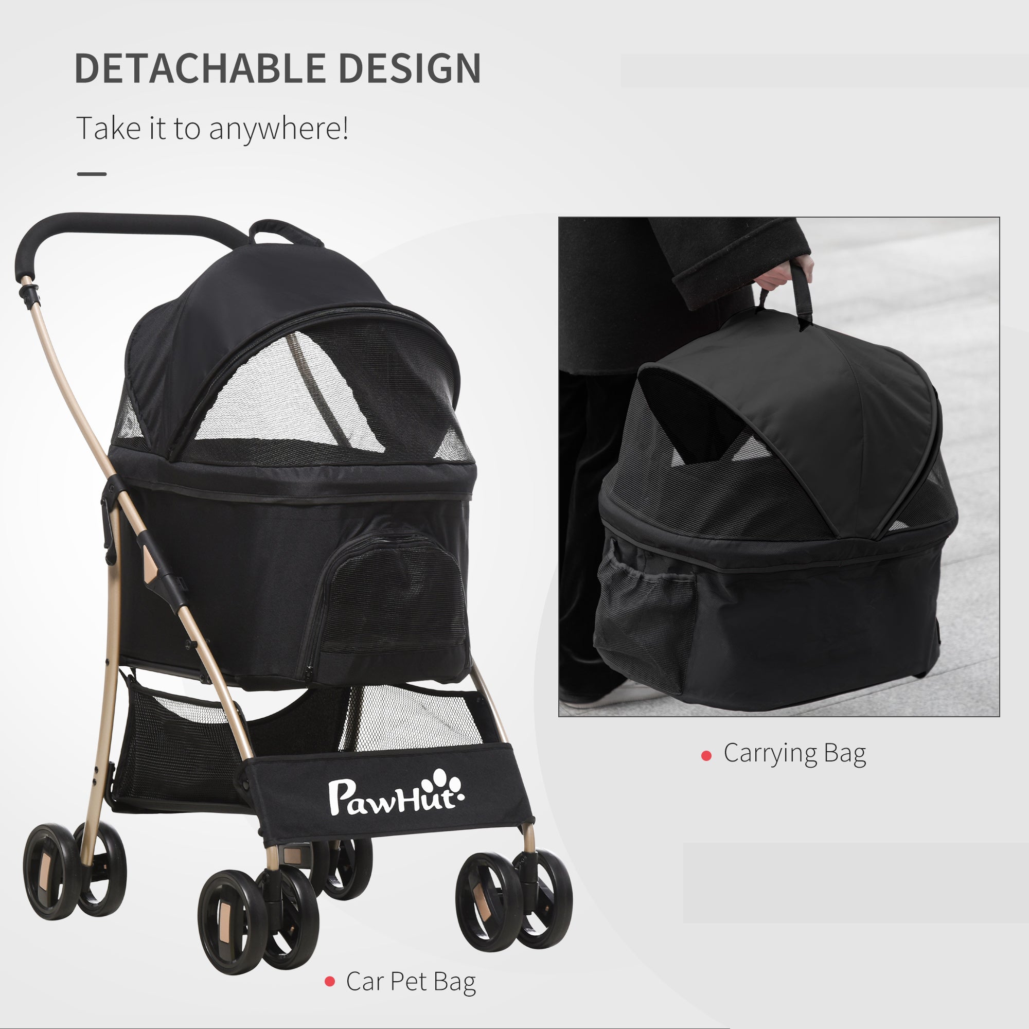 Detachable Pet Stroller, 3-In-1 Dog Cat Travel Carriage, Foldable Carrying Bag with Universal Wheel Brake Canopy Basket Storage Bag, Black-4