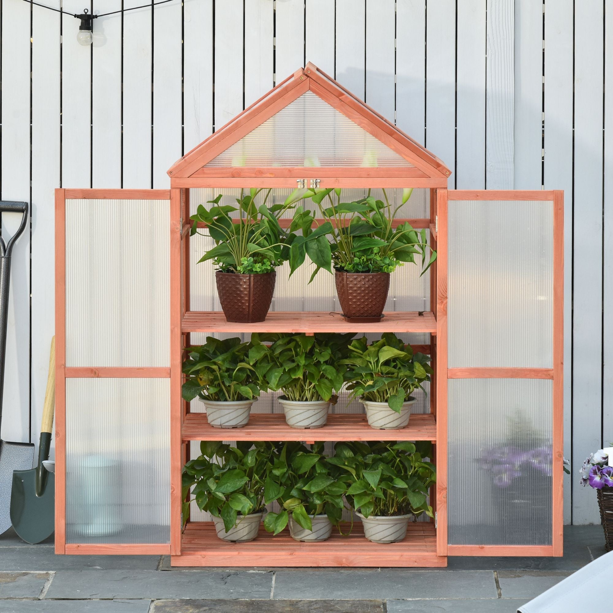 3-Tier Wooden Cold Frame Greenhouse Garden Polycarbonate Grow House w/ Adjustable Shelves, Double Doors, 80 x 47 x 138 cm, Orange-1