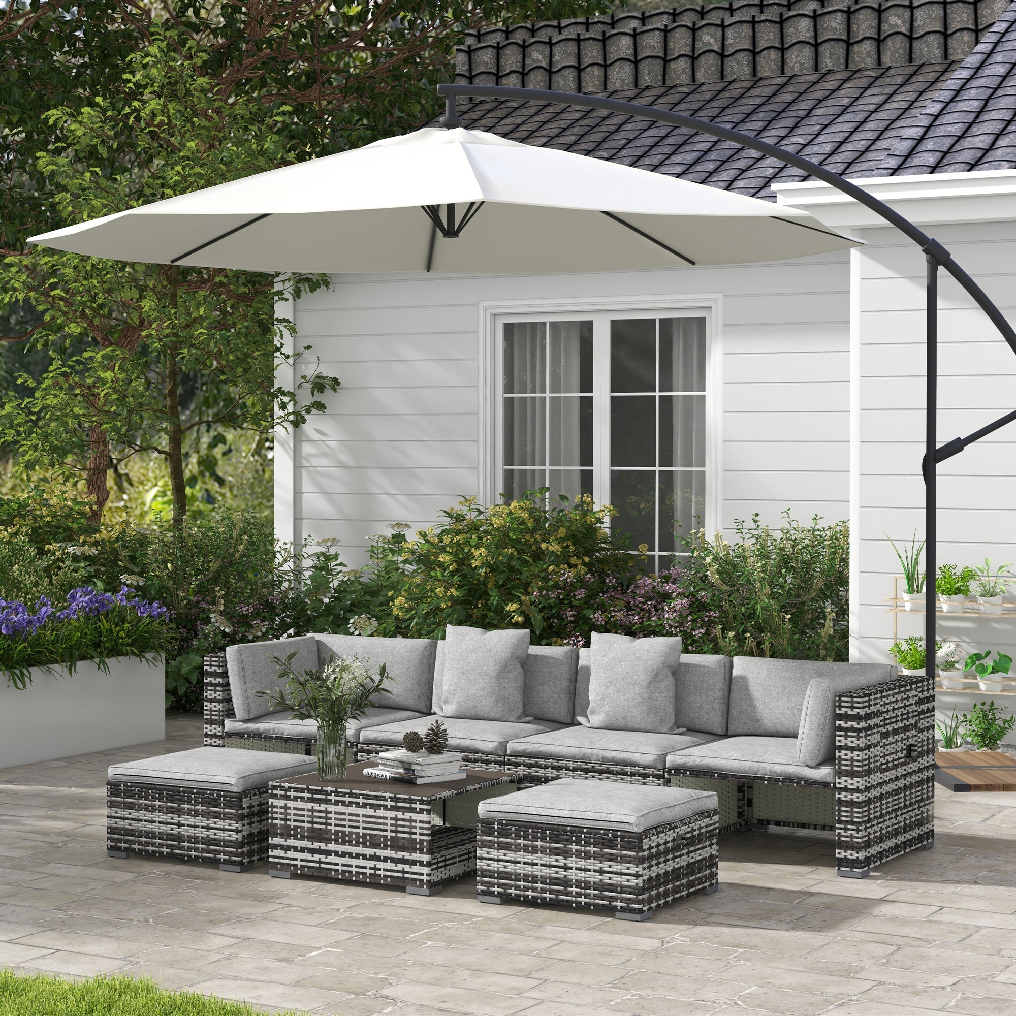 7-Piece Rattan Patio Furniture Set with Sofa, Footstools, Coffee Table, Side Shelves, Cushions, Pillows, Mixed Grey-1