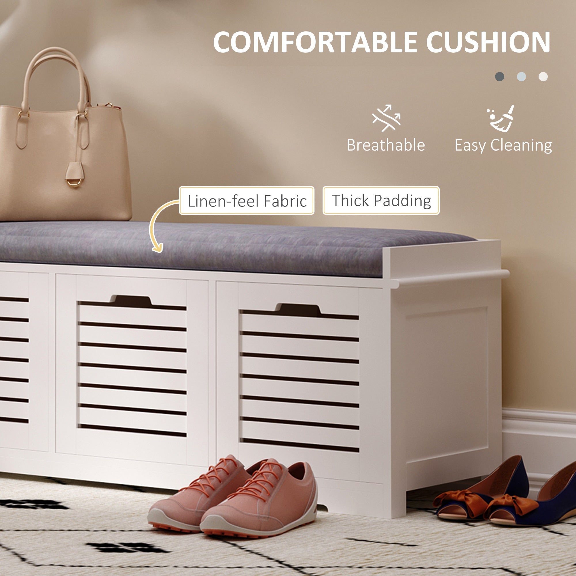 White Storage Bench with 3 Drawers & Removable Grey Seat Cushion Hallway Organisation furniture-4