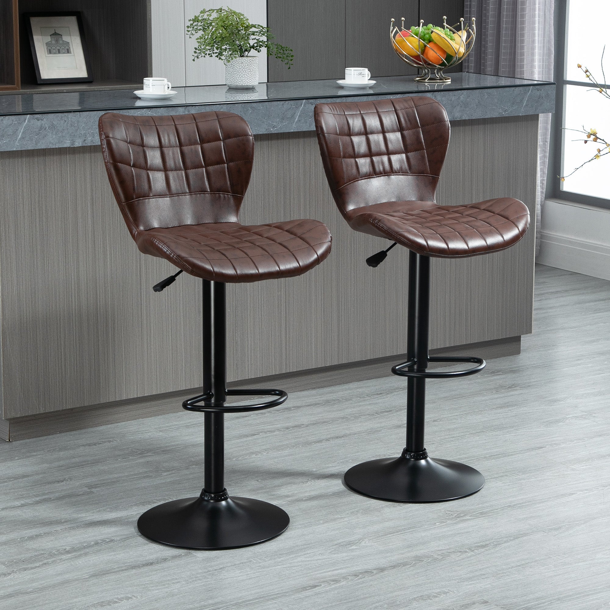 Bar Stools Set of 2 Adjustable Height Swivel Bar Chairs in PU Leather with Backrest & Footrest, Brown-1