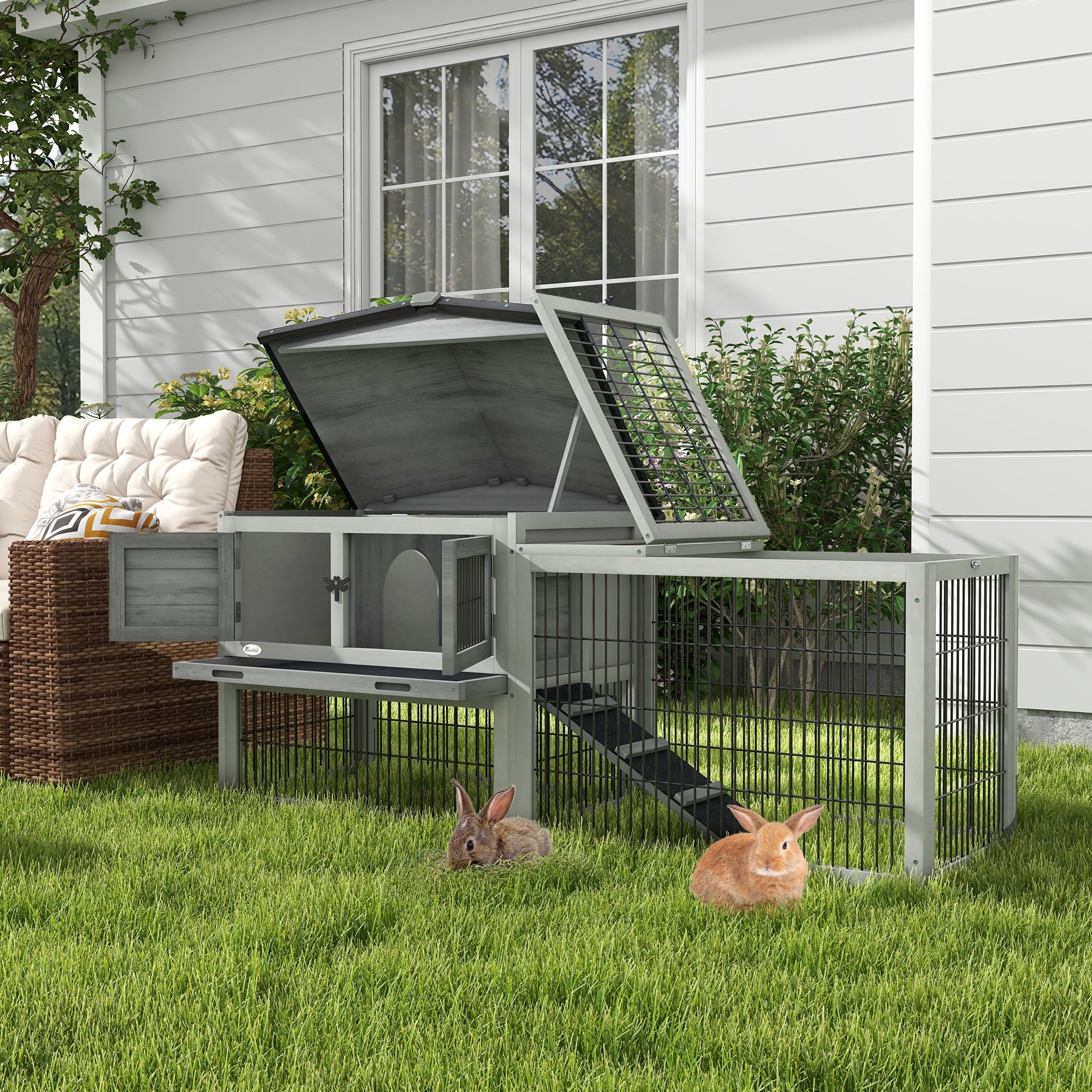 Wooden Rabbit Hutch with Outdoor Run Grey-1