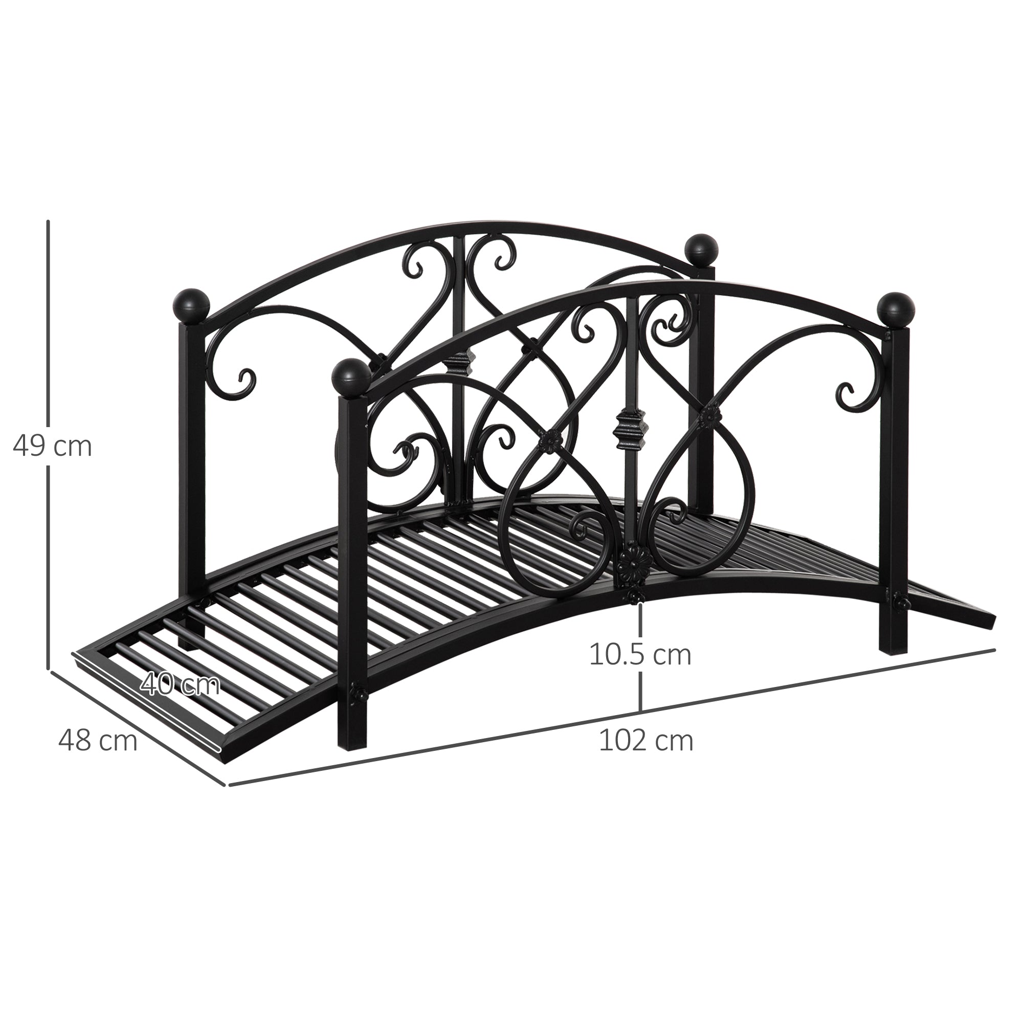 102L x 48W x 49H Classic Metal Garden Bridge with Safety Railings Arc Footbridge Decorative Pond for Backyard Creek Stream, Black-2