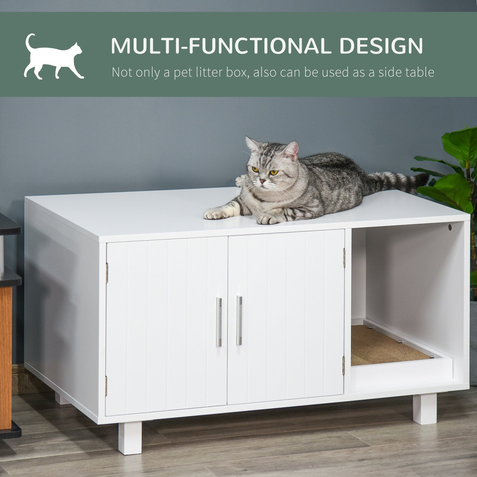 Wooden Cat Litter Box Enclosure & House with Nightstand/End Table Design, Scratcher, & Magnetic Doors, White-3