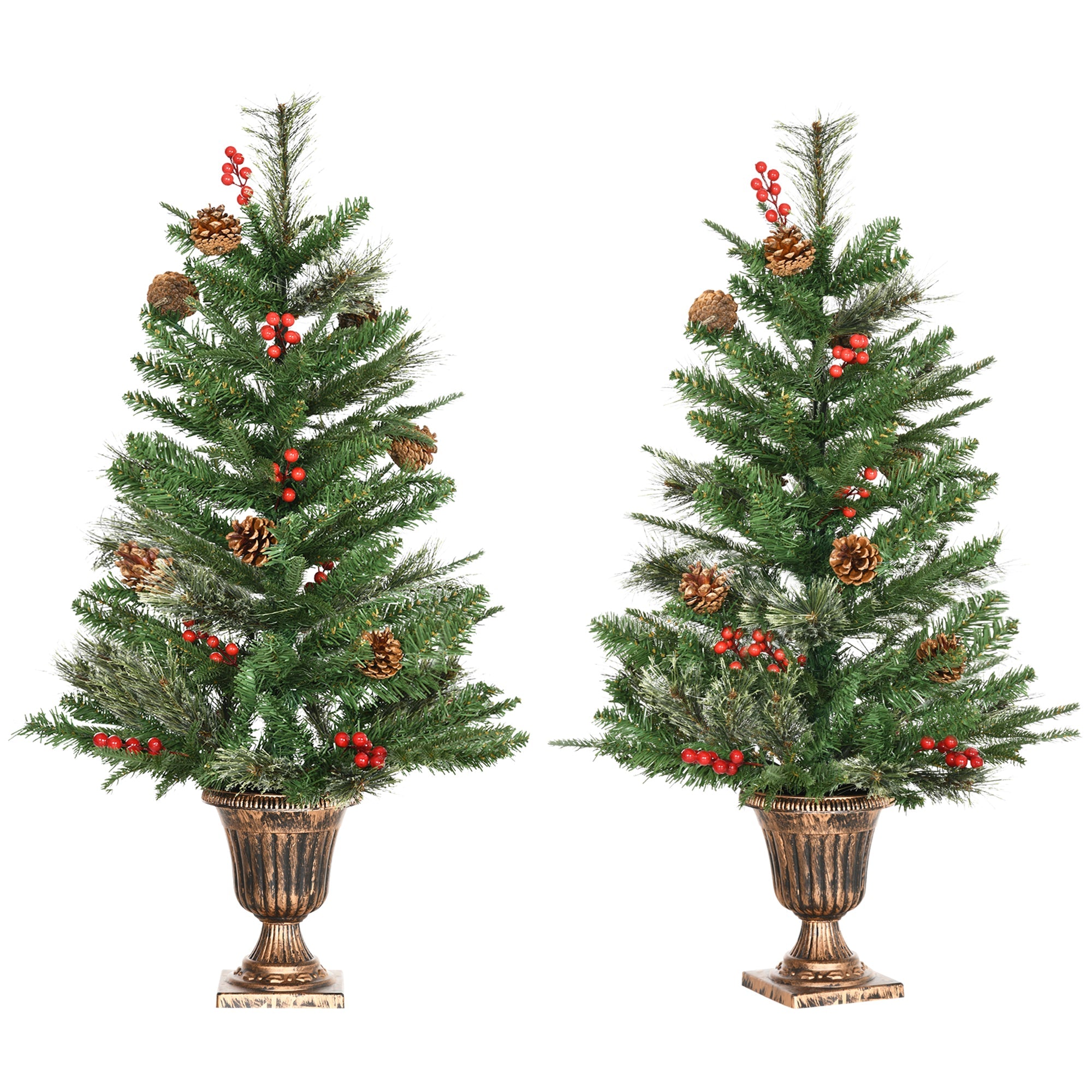 2 Pieces Set 3 Foot Artificial Christmas Tree with 110 Realistic Branches, Pine Cones, Red Berries, Gold Pot, for Doorway, Porch, Green-0