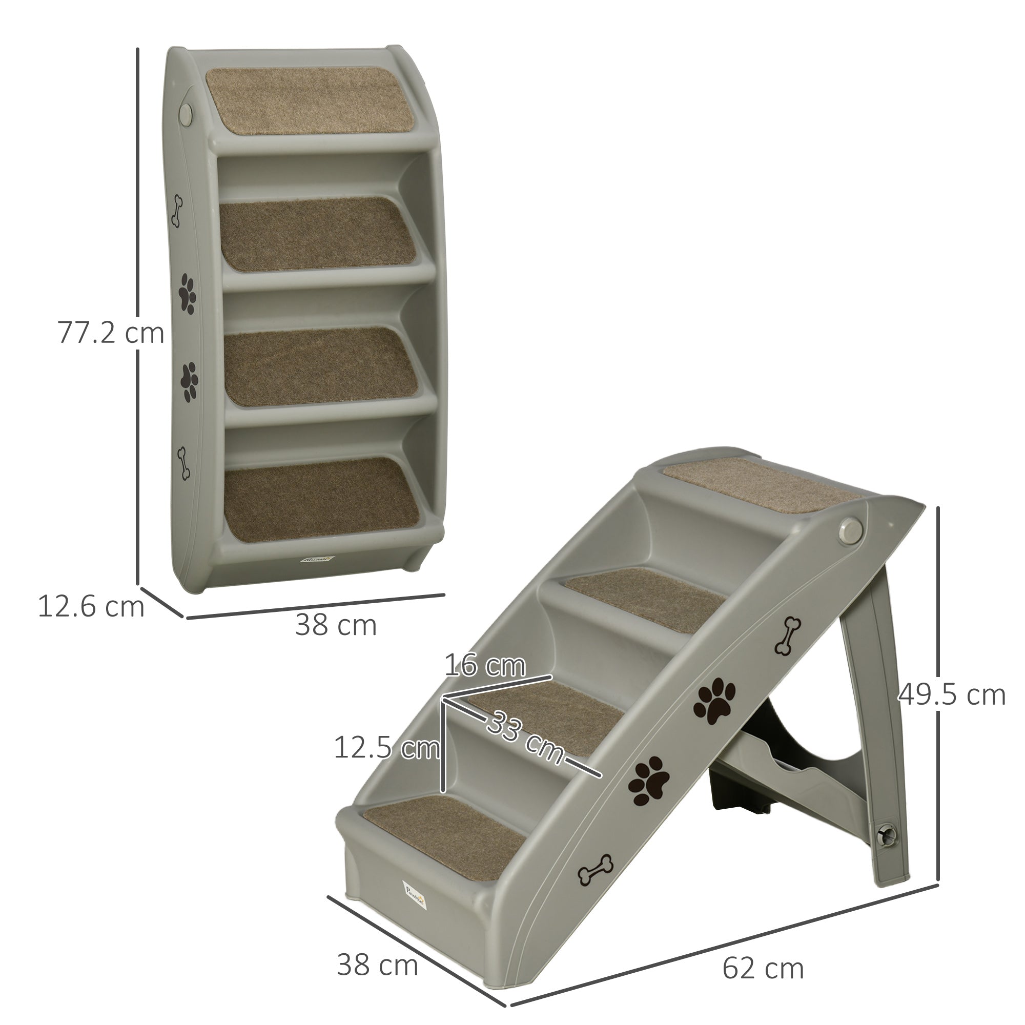 Foldable Pet Stairs, 4-Step for Cats Small Dogs with Non-slip Mats, 62 x 38 x 49.5 cm, Grey-2