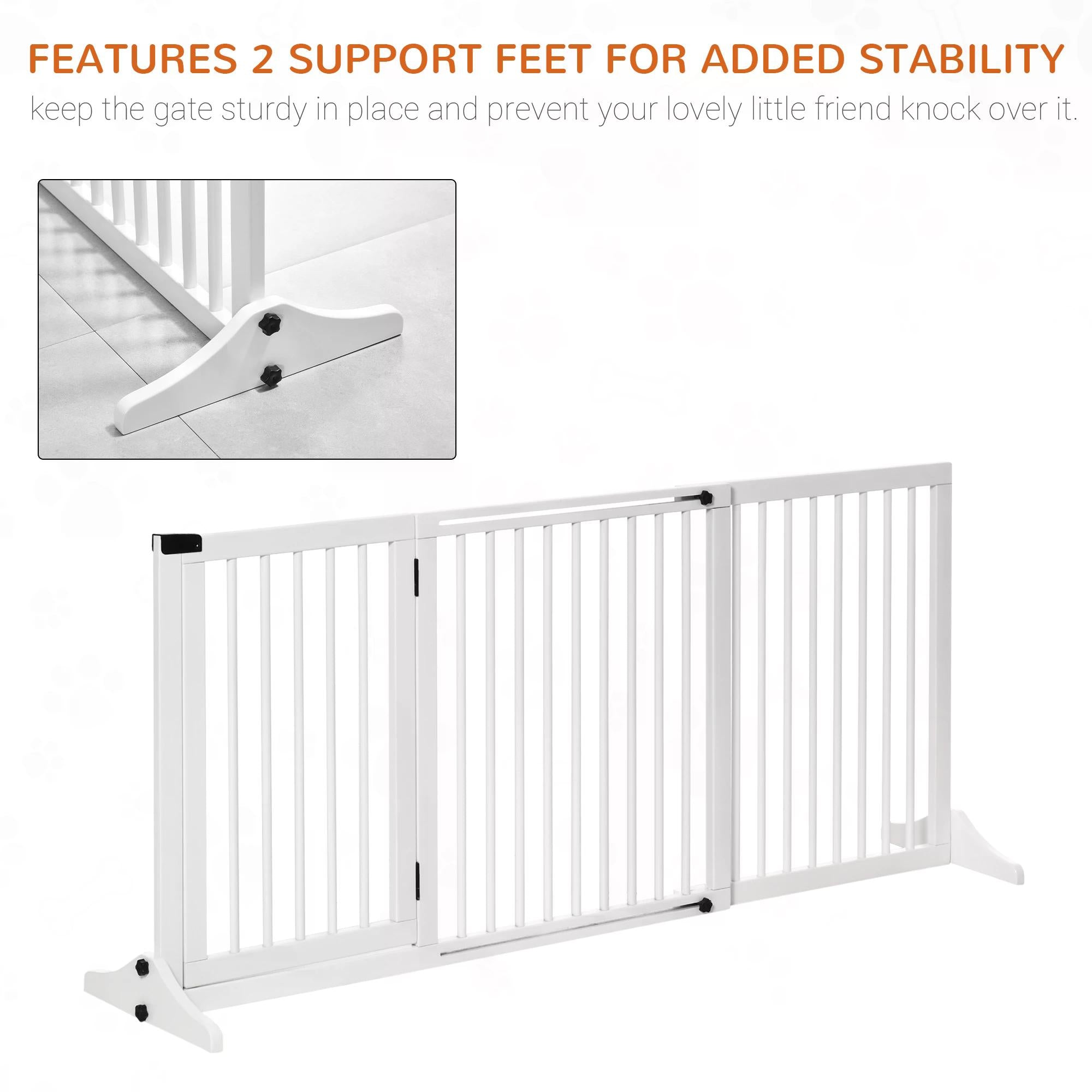 Adjustable Wooden Pet Gate Freestanding Dog Barrier Fence Doorway 3 Panels Safety Gate w/ Lockable Door White 71H x 113-166W cm-4