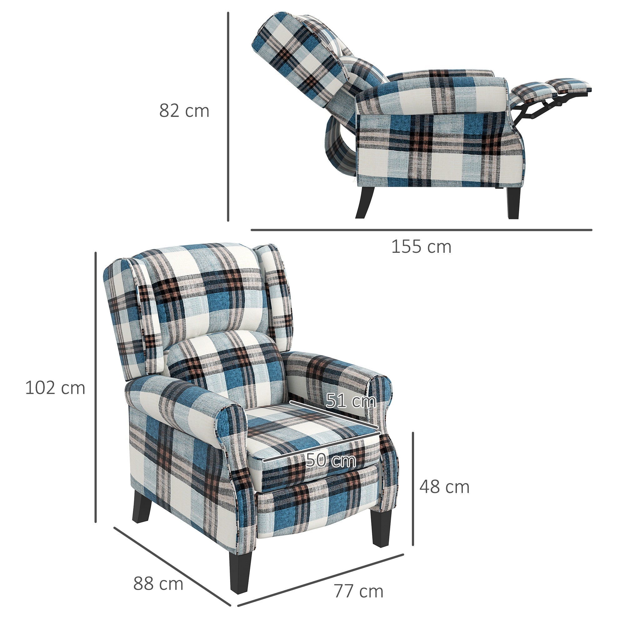 Wingback Reclining Chair Push Back Recliner Armchair for Living Room Bedroom with Footrest Armrests Wood Legs Blue-2