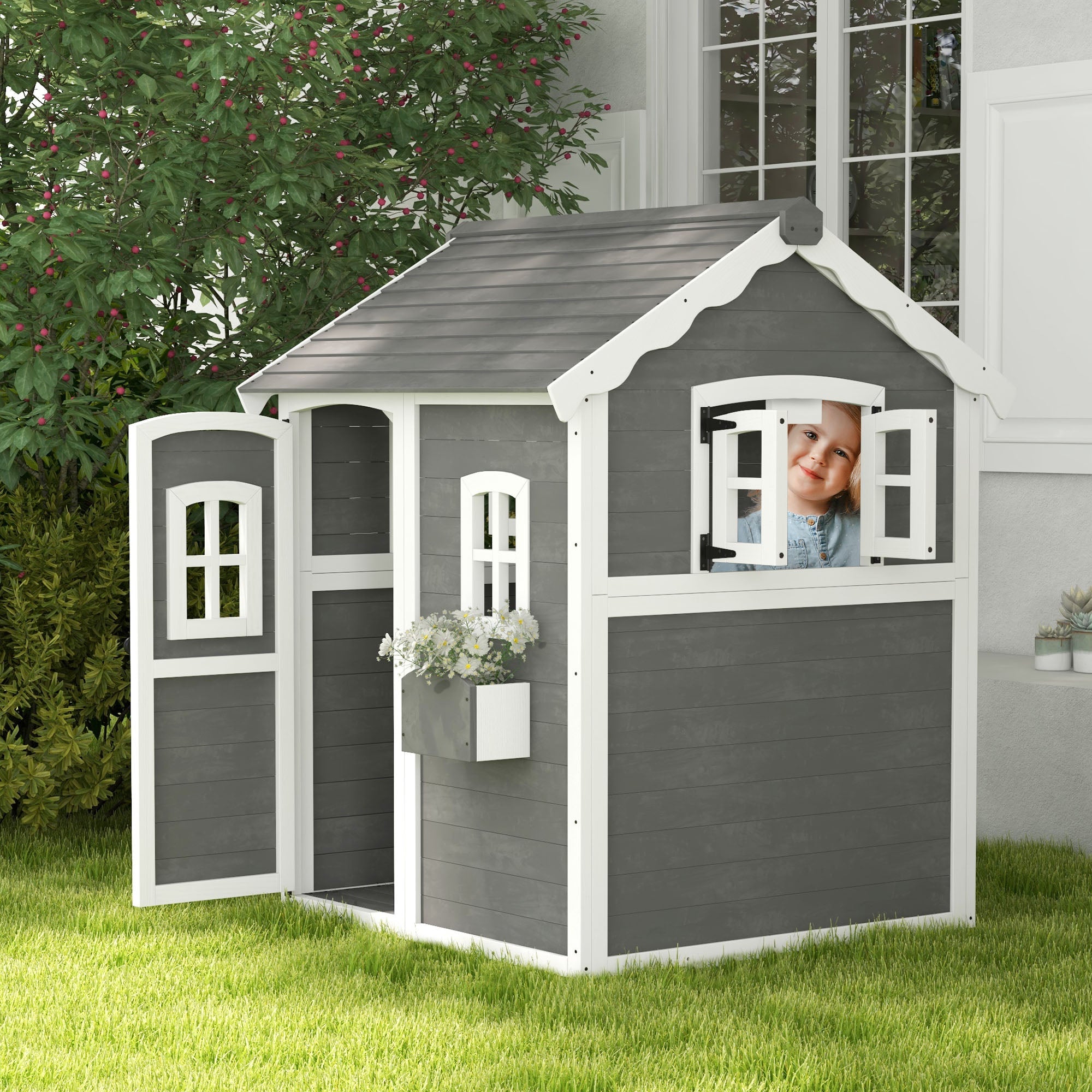 Wooden Playhouse for Kids with Doors, Windows, Plant Box, Floors, for 3-8 Years Old, Garden, Lawn, Patio, Grey-1