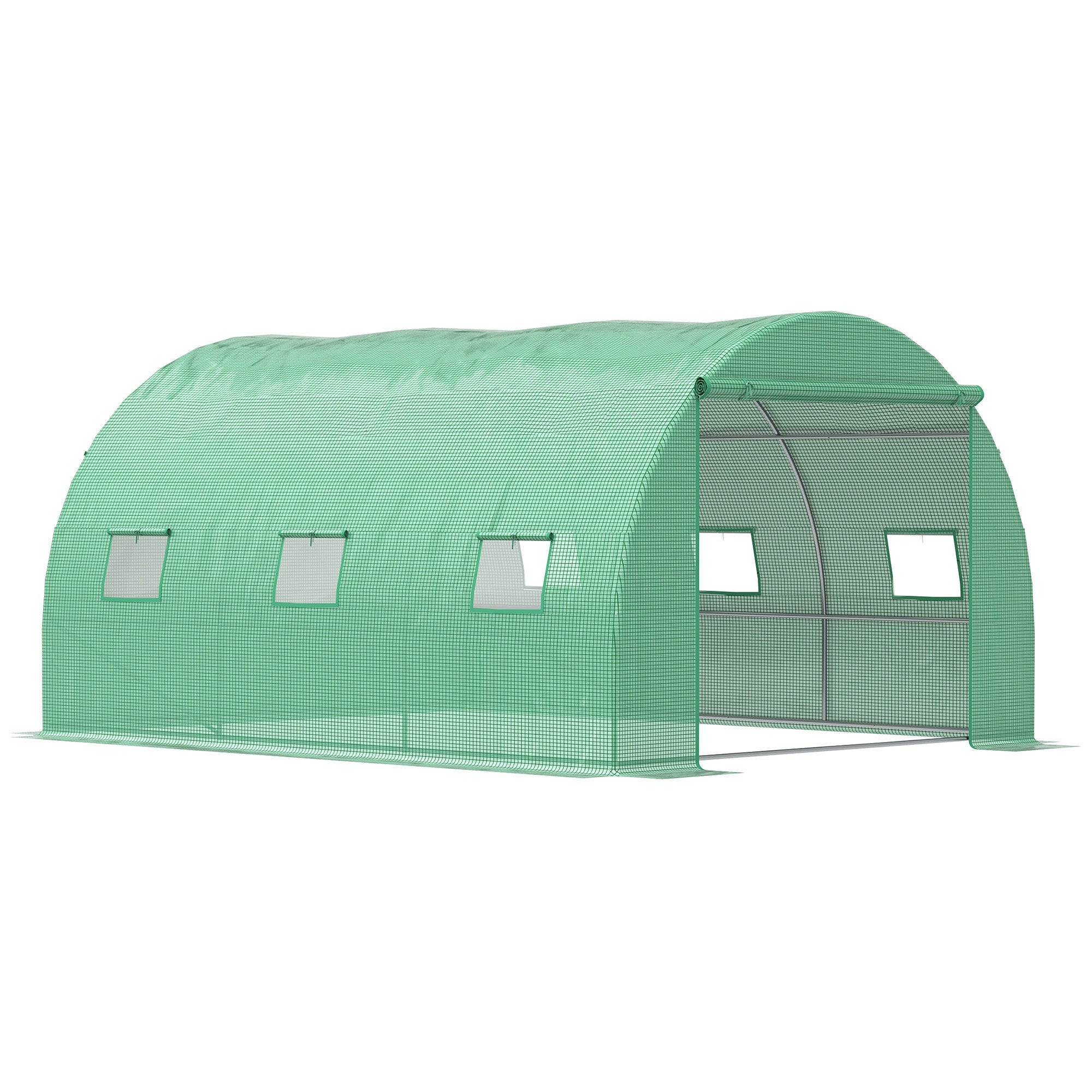 Walk-In Polytunnel Greenhouse, Outdoor Garden Greenhouse with PE Cover, Zippered Roll Up Door and 6 Windows, 4 x 3 x 2 m, Green-0