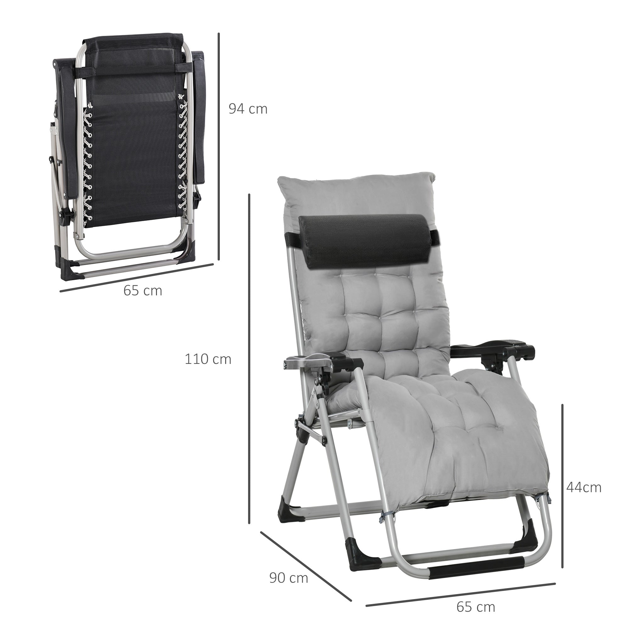 2 Piece Reclining Zero Gravity Chair Folding Garden Sun Lounger with Cushion Headrest Light Grey-2