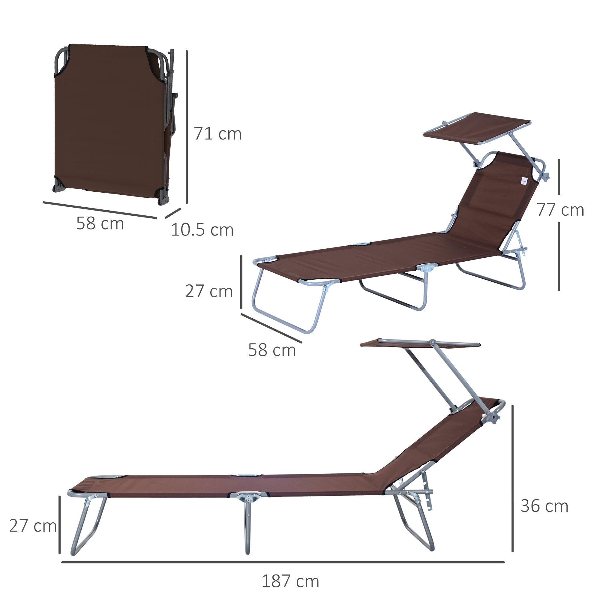 2 Pcs Outdoor Foldable Sun Lounger Set w/ Removeable Shade Canopy, Patio Recliner Sun Lounger w/ Adjustable Backrest w/ Mesh Fabric, Brown-2