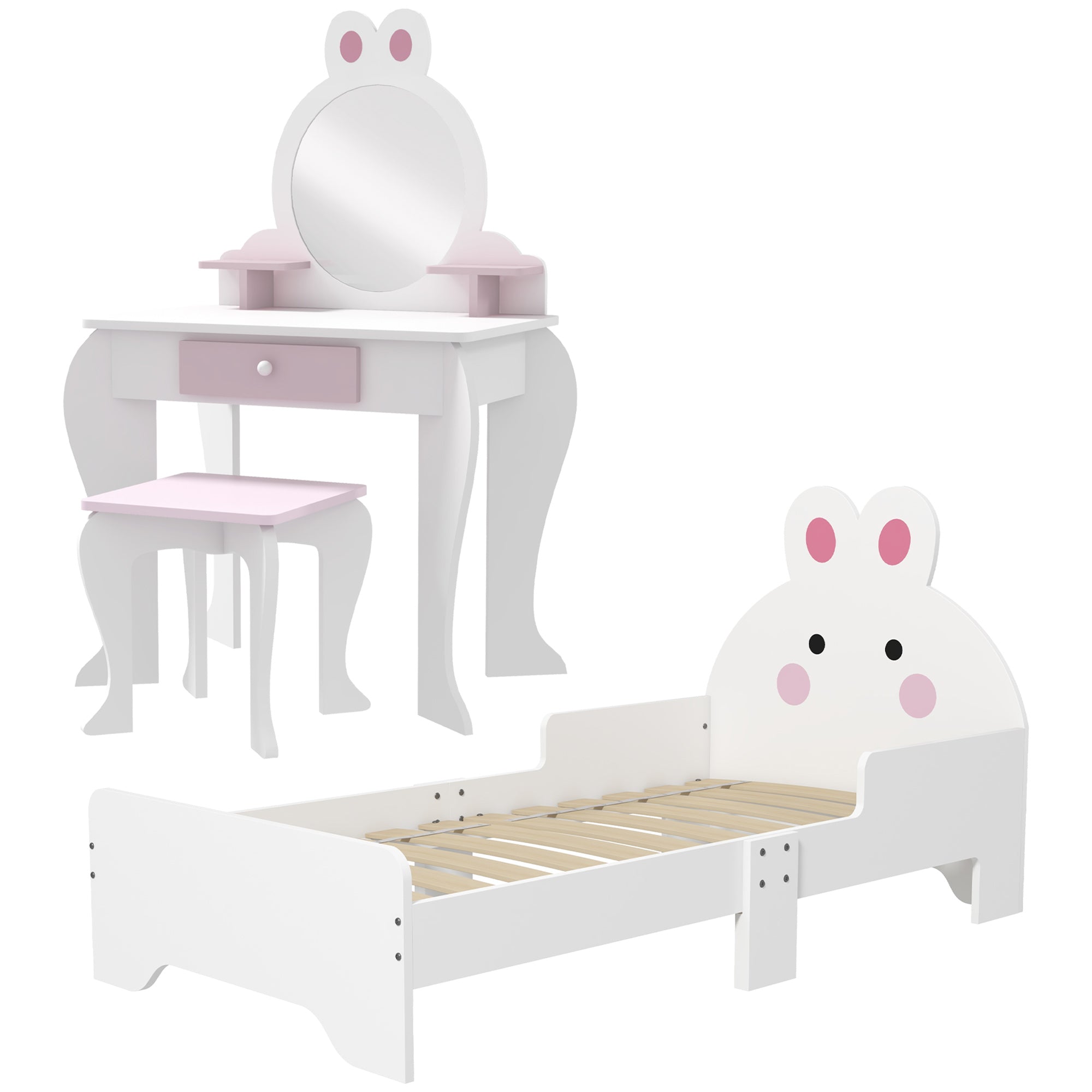 Wooden Kids Bedroom Furniture Set with Kids Dressing Table, Stool, Bed, for 3-6 Years, Bunny-Design-0