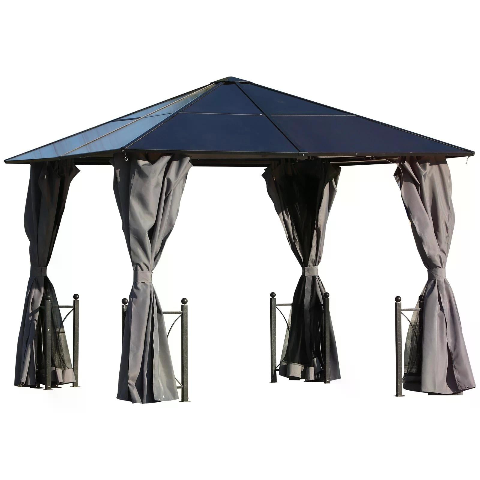 3 x 3(m) Hardtop Gazebo Canopy with Polycarbonate Roof, Steel & Aluminium Frame, Garden Pavilion with Mosquito Netting and Curtains, Black-0