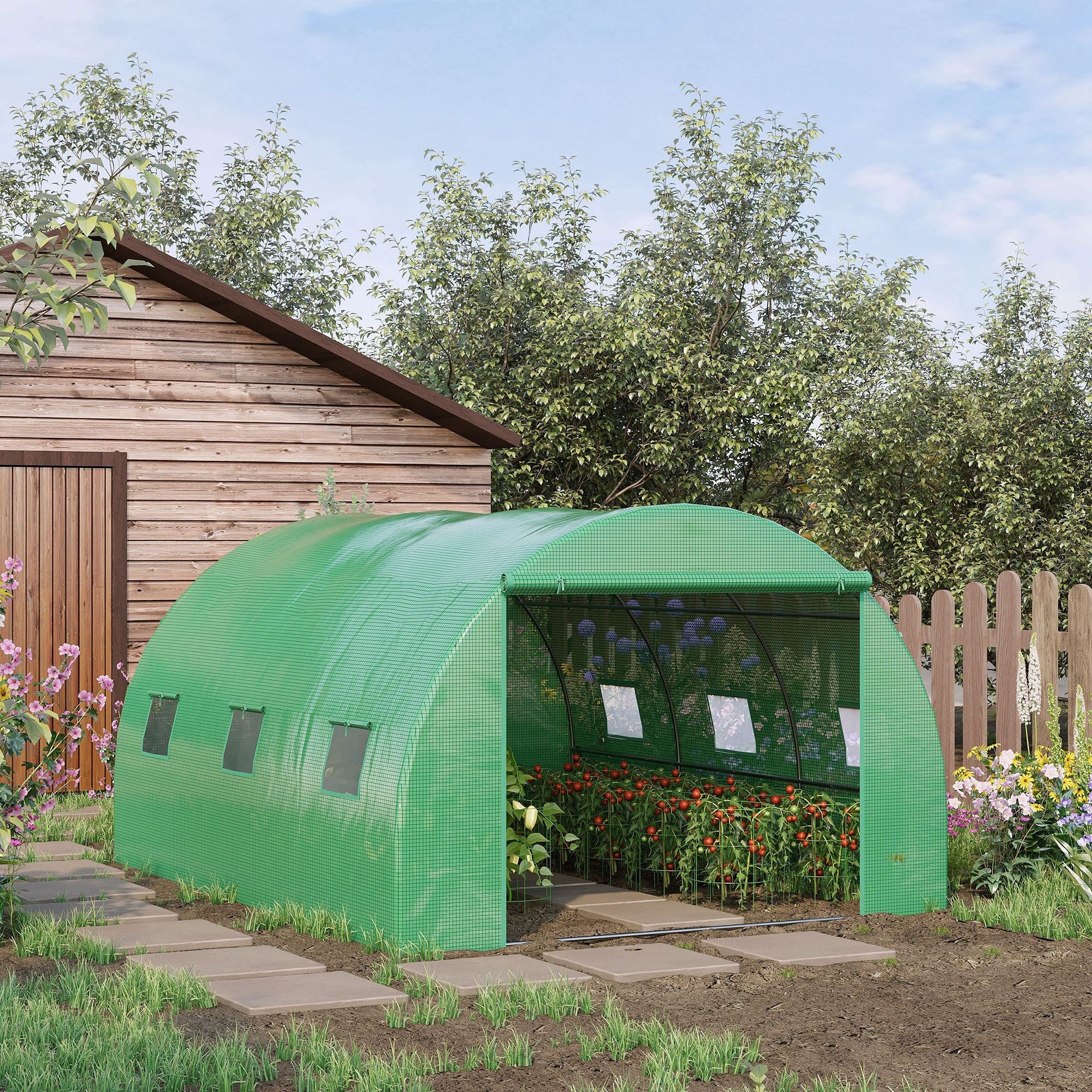 Walk-In Polytunnel Greenhouse, Outdoor Garden Greenhouse with PE Cover, Zippered Roll Up Door and 6 Windows, 4 x 3 x 2 m, Green-1