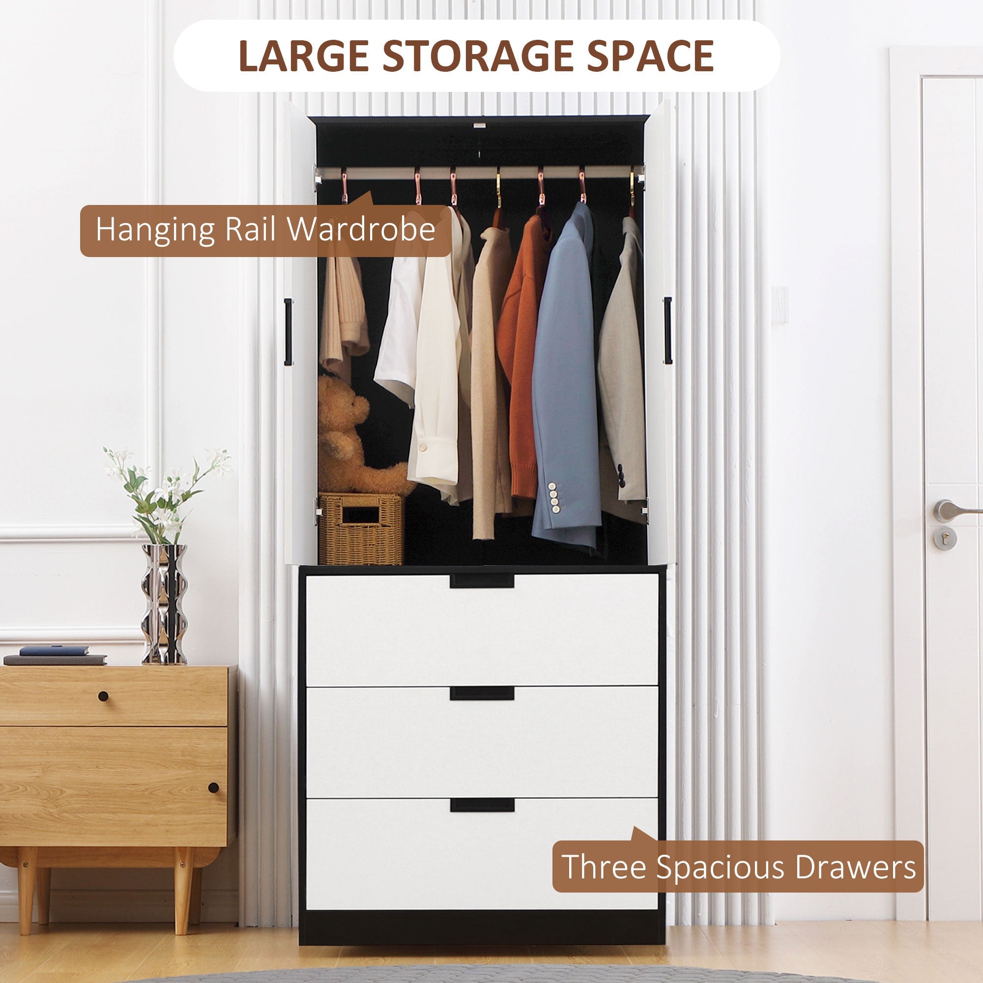 2 Door Wardrobe, Modern Wardrobe with 3 Drawers and Hanging Rod for Bedroom, White-3