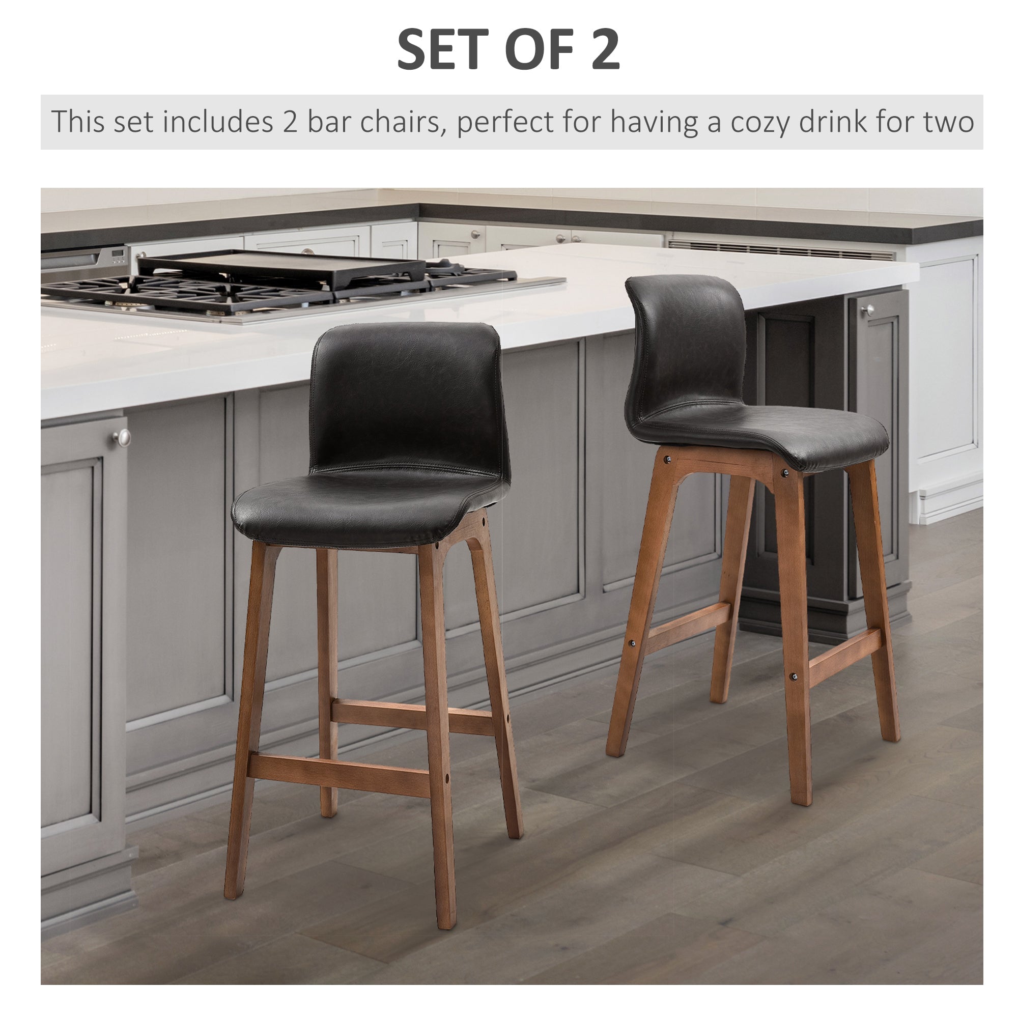 Modern Bar Stools Set of 2, PU Leather Upholstered Bar Chairs with Wooden Frame, Footrest for Home Bar, Dining Room-3